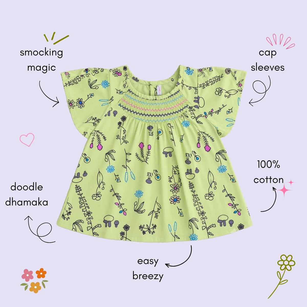 The Magic Wand Woven Cap Sleeves Botanical Printed Smocked Top- Green