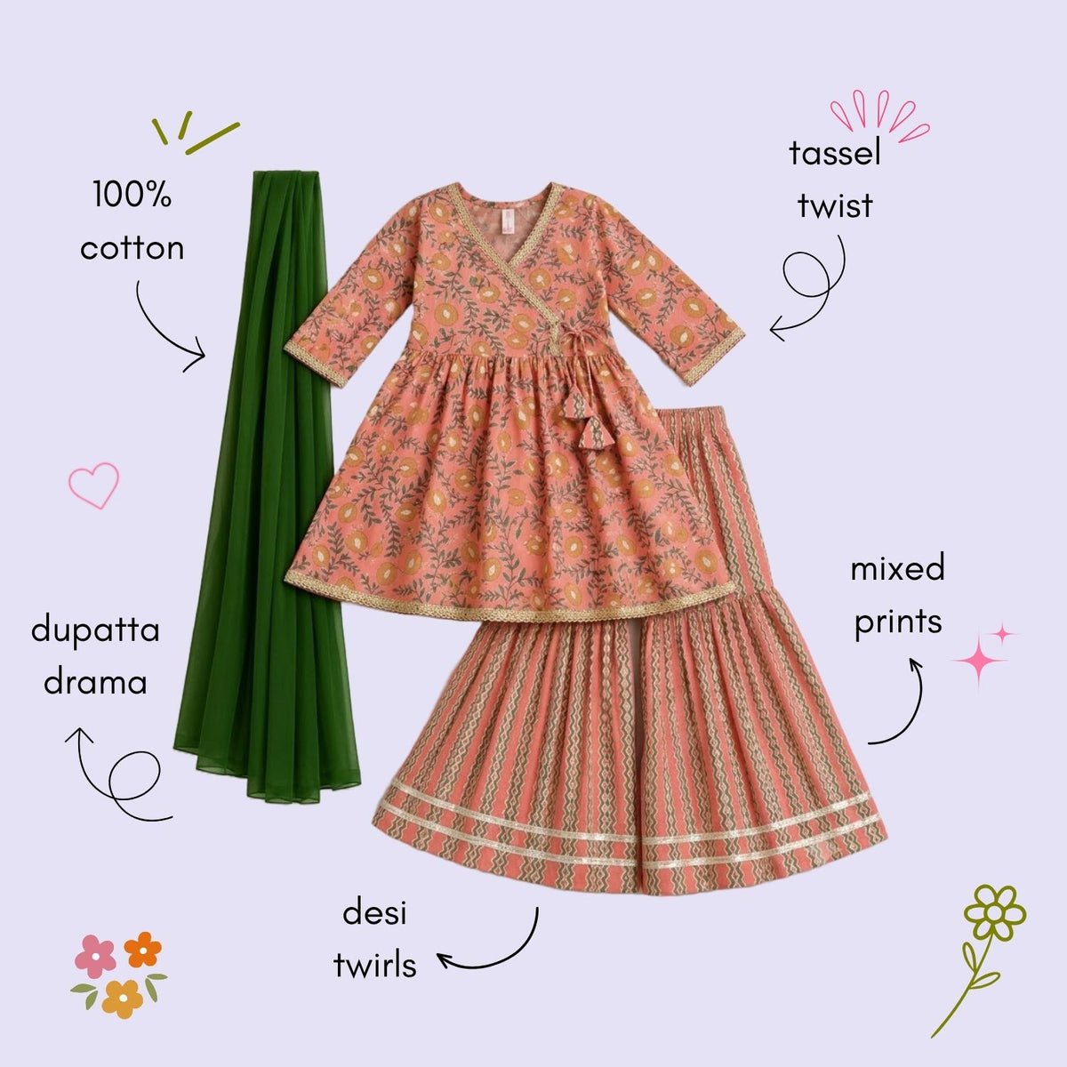 The Magic Wand Cotton Woven Three-Fourth Sleeves Floral Printed Tassel Detailed Kurti And Sharara Set With Dupatta-Peach