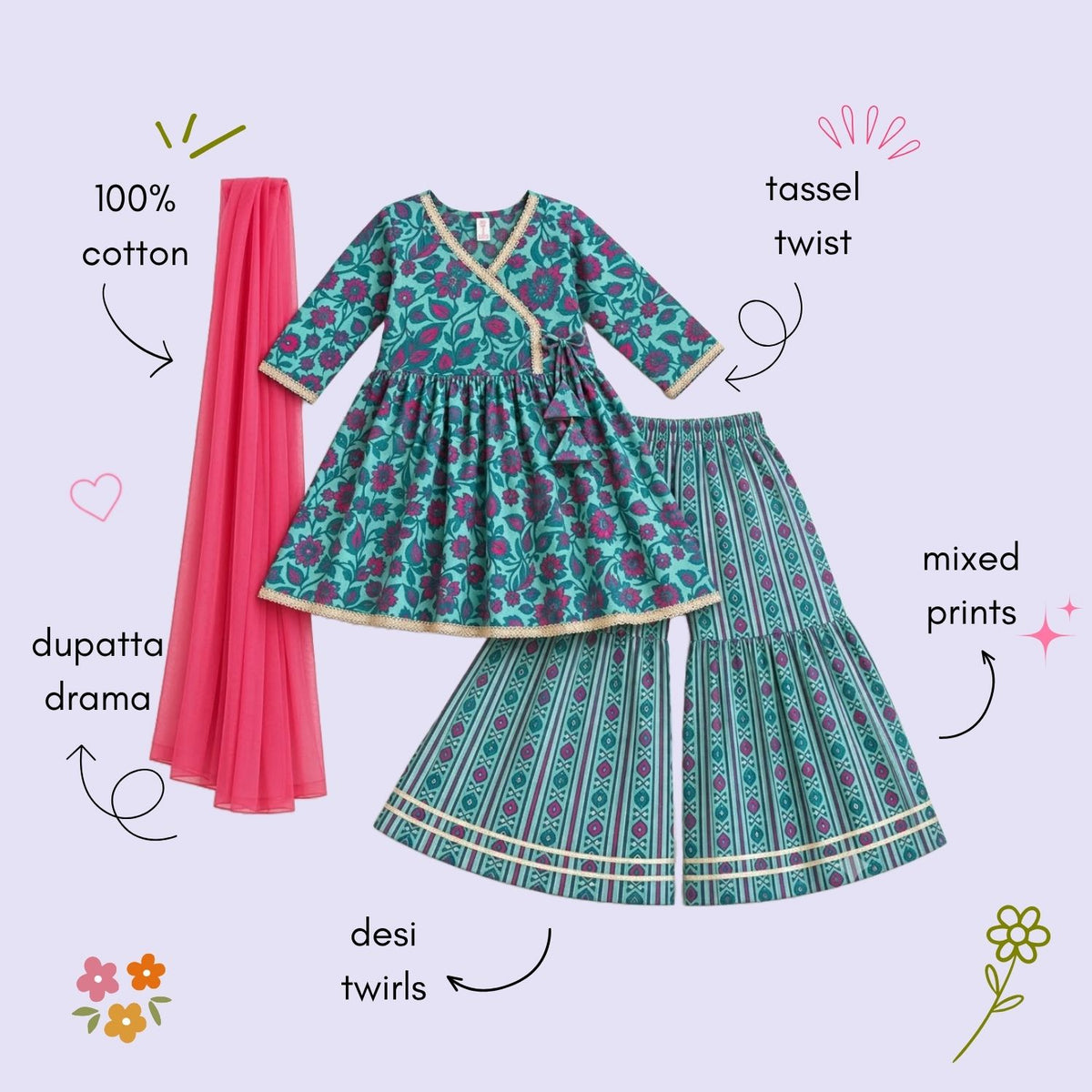 The Magic Wand Cotton Woven Three-Fourth Sleeves Floral Printed Tassel Detailed Kurti And Striped Sharara Set With Dupatta-Sea Green