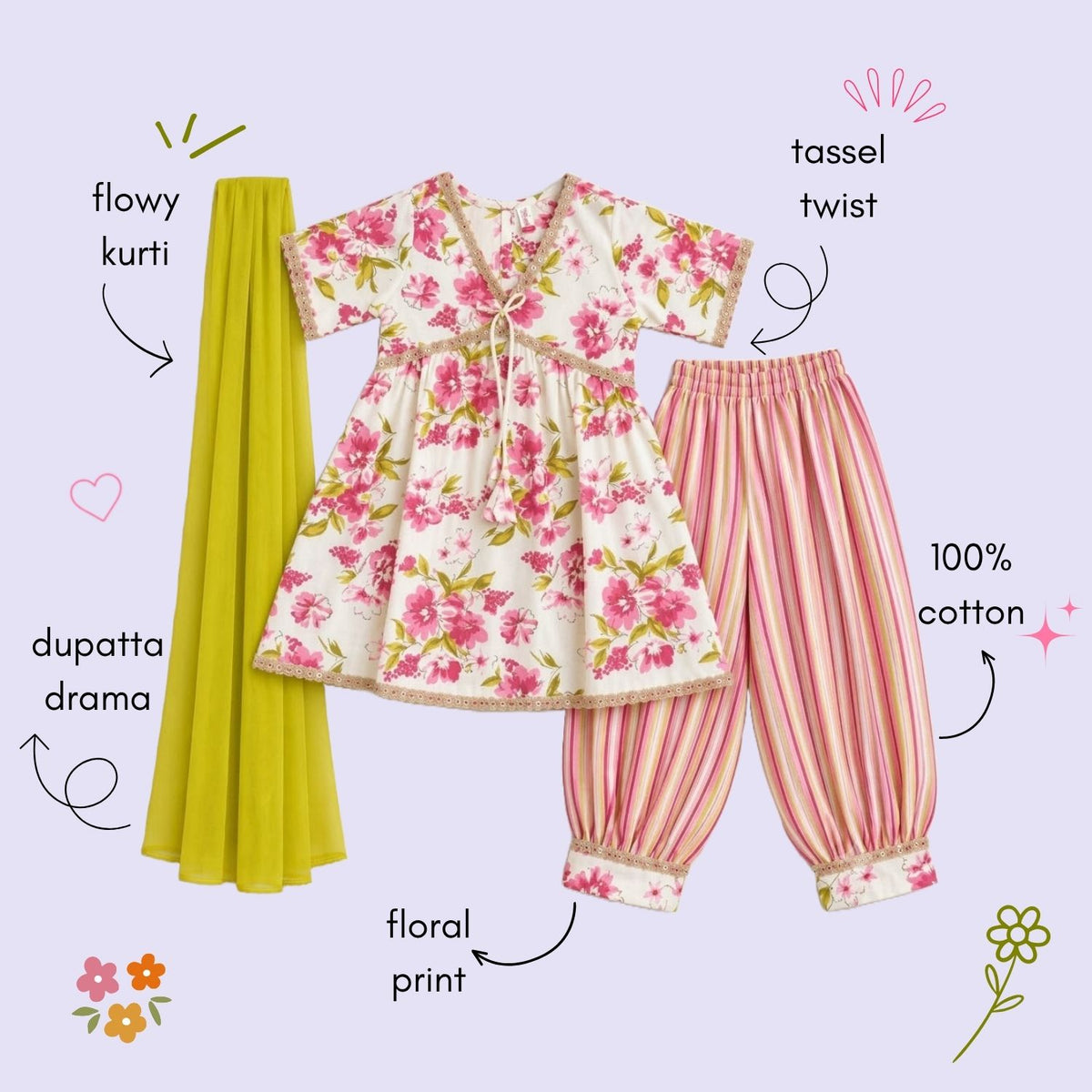The Magic Wand Cotton Woven Three-Fourth Sleeves Floral Printed Tassel Detailed Kurti And Afghani Pant Set With Dupatta- Off White