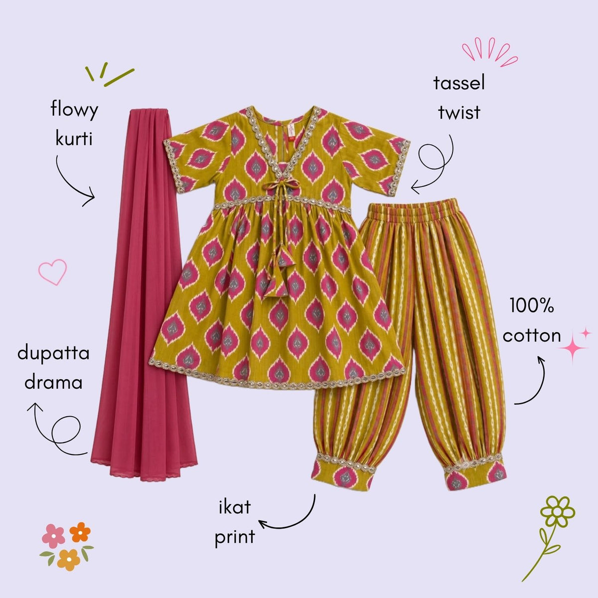 The Magic Wand Cotton Woven Three-Fourth Sleeves Ikat Printed Tassel Detailed Kurti And Afghani Pant Set With Dupatta-Mustard