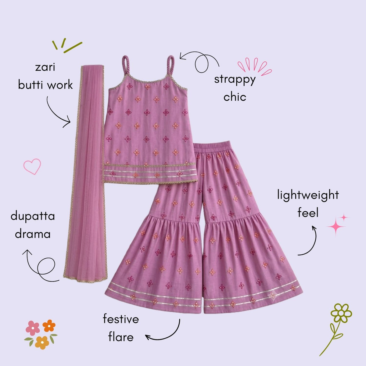The Magic Wand Woven Chanderi Sleeveless Zari Butti Kurti And Sharara Set With Dupatta-Pink