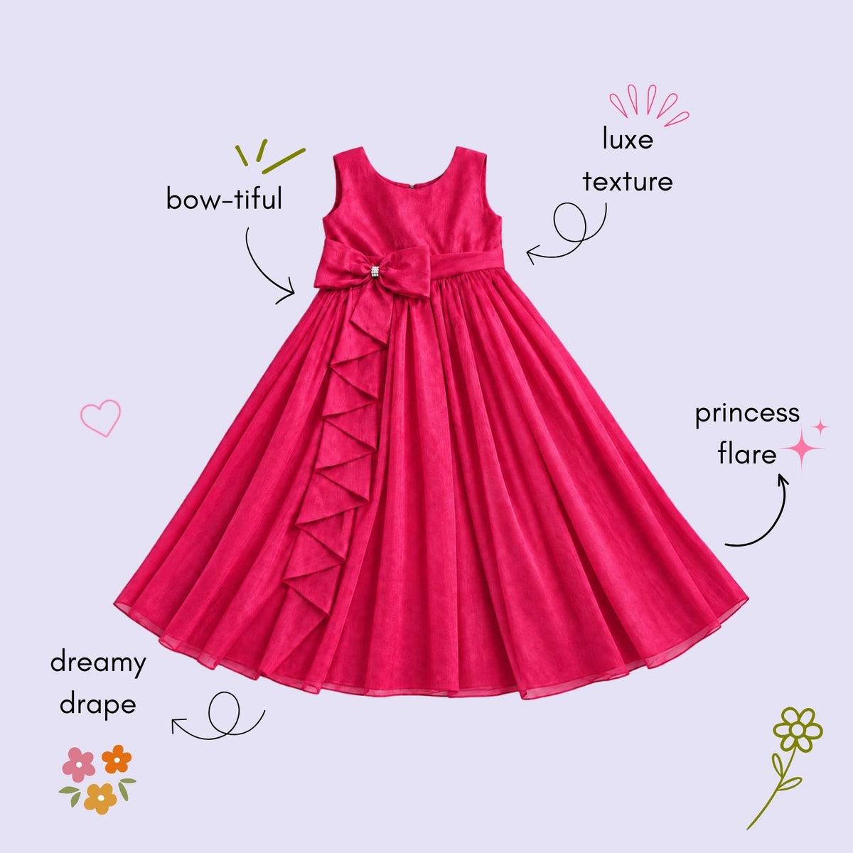 The Magic Wand Woven Sleeveless Bow Embellished Flared Party Gown - Fuchsia