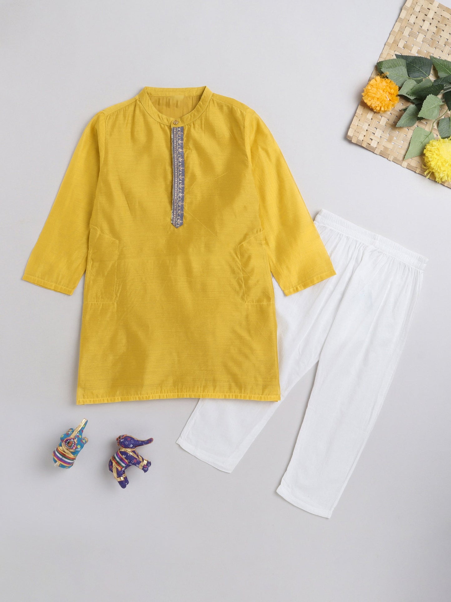 The Magic Wand Mandarin Collar Full Sleeves Lace Embelished Kurta and Pant Set For Boys-Mustard