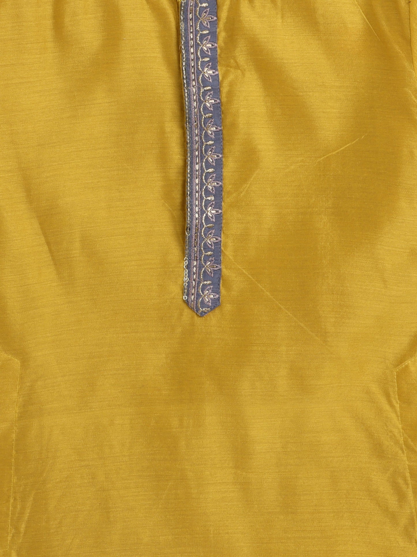 The Magic Wand Mandarin Collar Full Sleeves Lace Embelished Kurta and Pant Set For Boys-Mustard