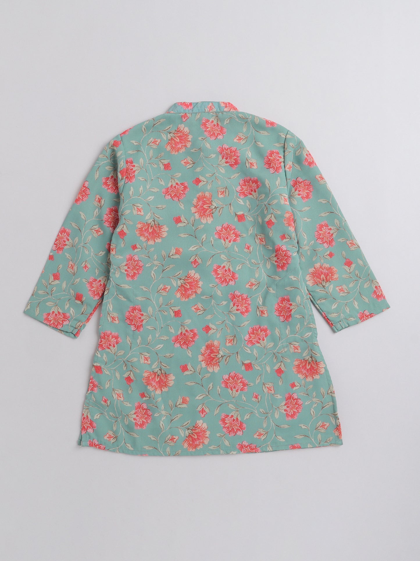 Floral Printed Mandarin Collar Full Sleeves Lace Embelished Kurta - Green