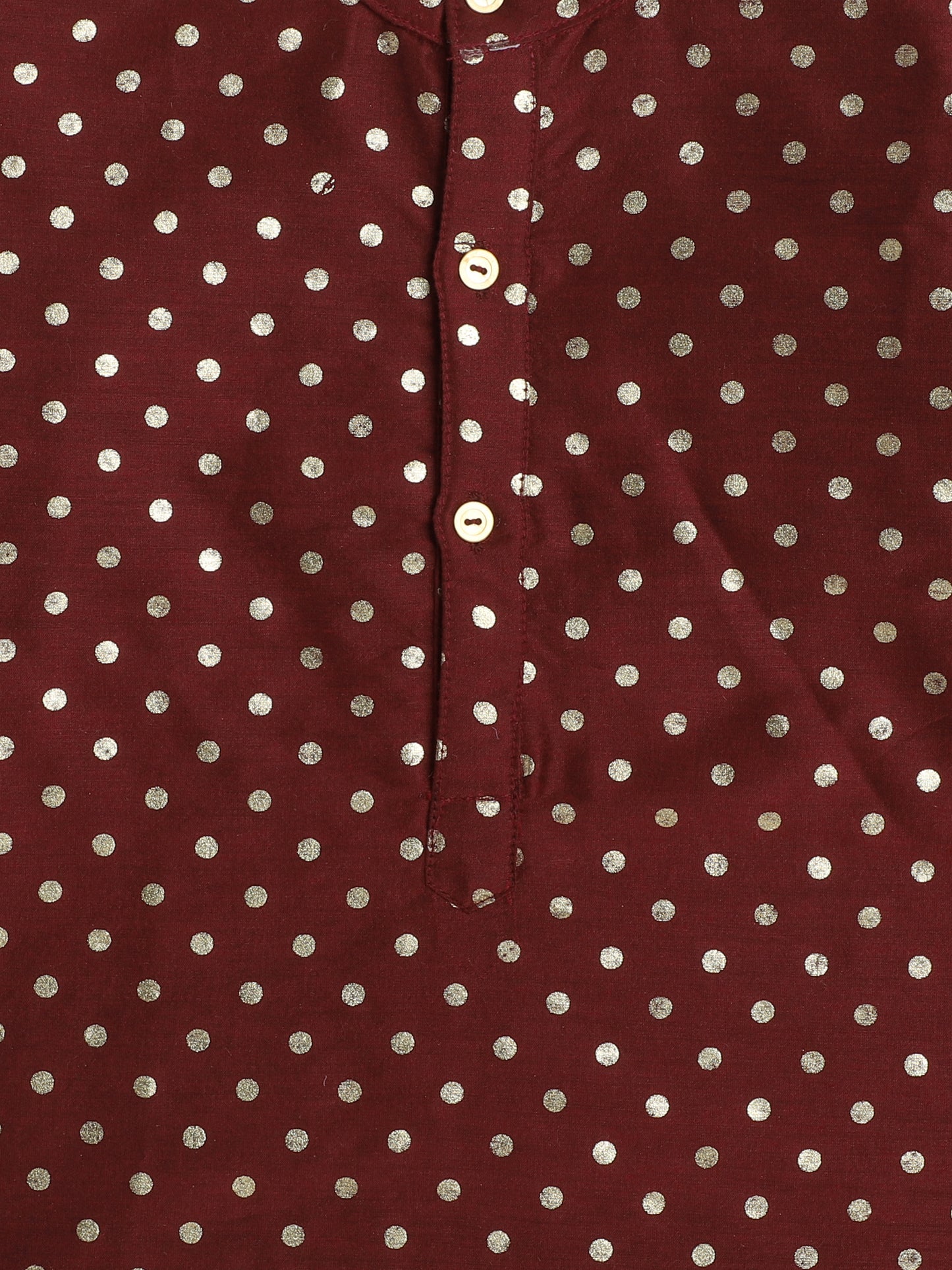 All Over Polka Dots Printed Mandarin Collar Full Sleeves Lace Embelished Kurta For Boys-Maroon