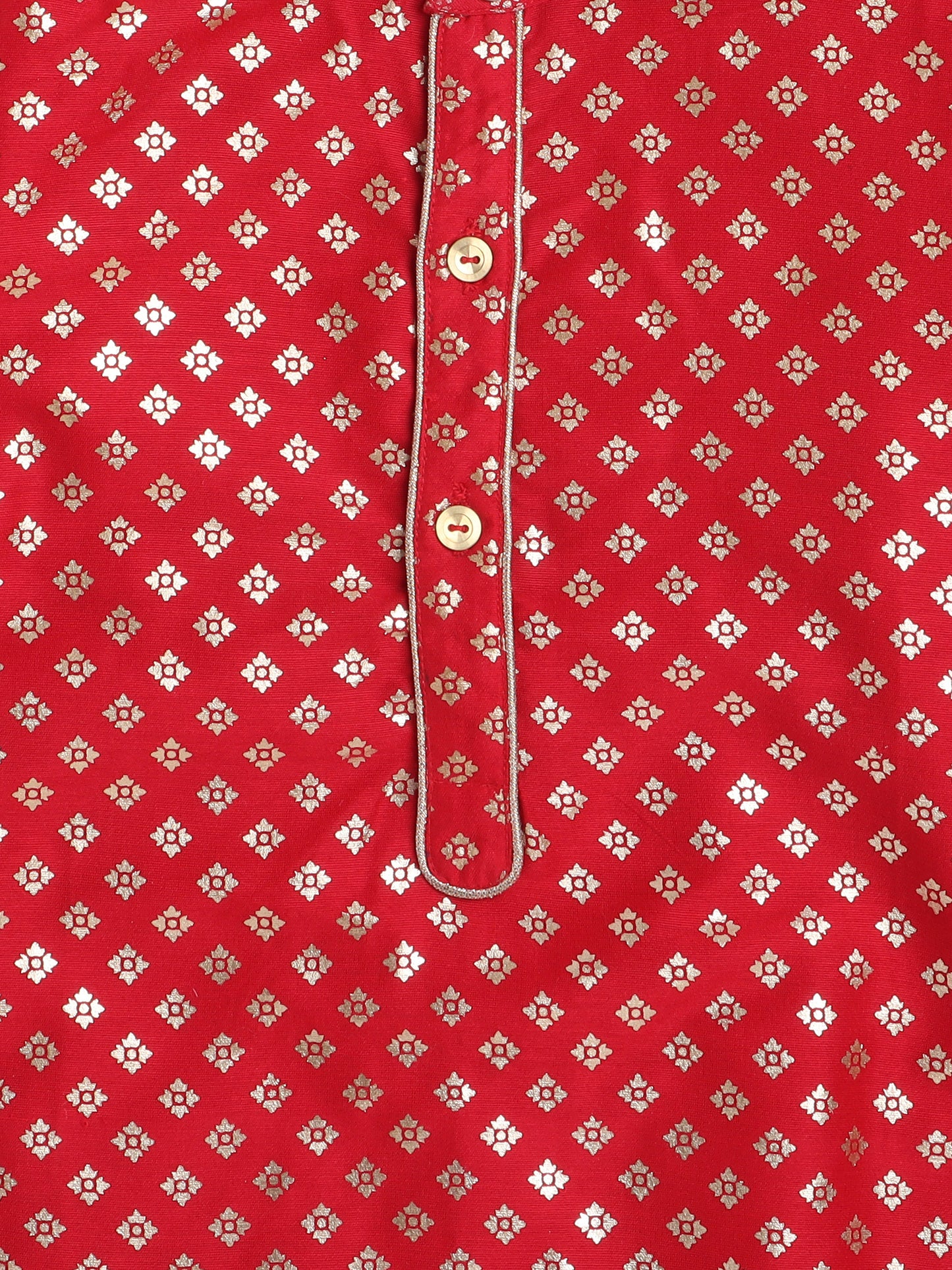 Full Sleeves Foil Printed Golden Piping Placket Kurta & Pyjama Set For Boys-Red
