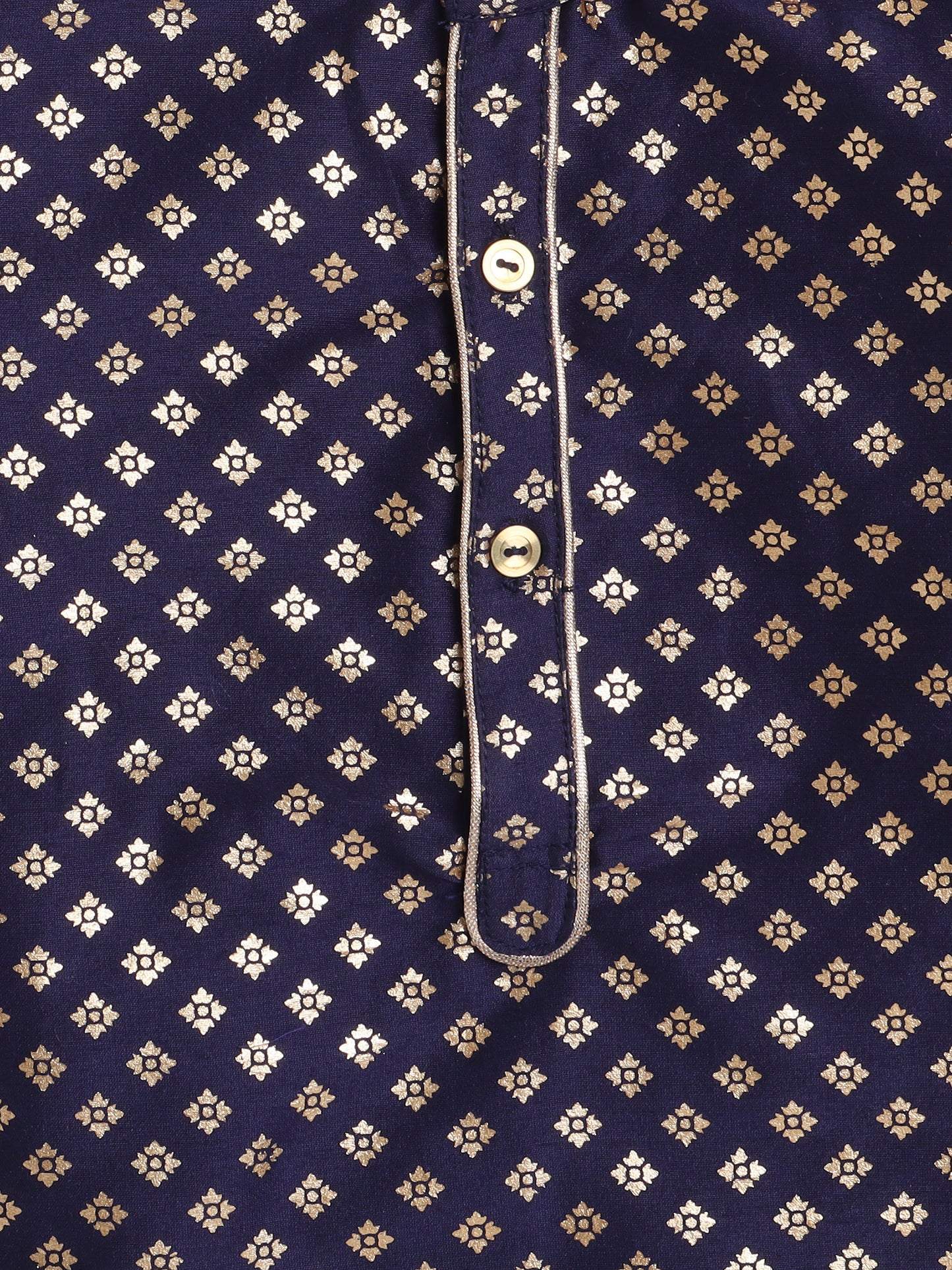 Full Sleeves Foil Printed Golden Piping Placket Kurta & Pyjama Set For Boys-Navy