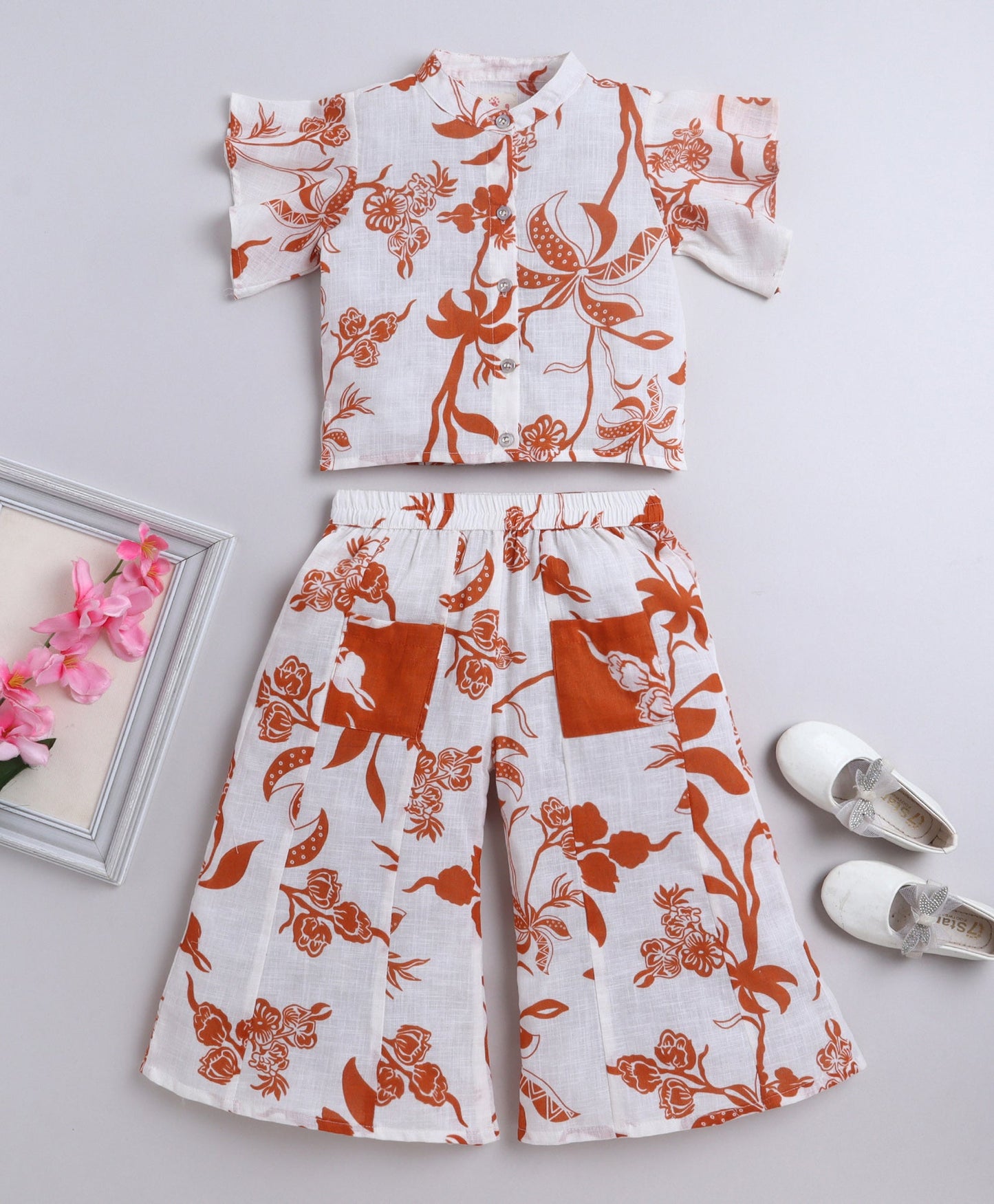 The Magic Wand Slub Cotton Frill Sleeves Floral Printed Top and Bottom Co Ord Set- Off White