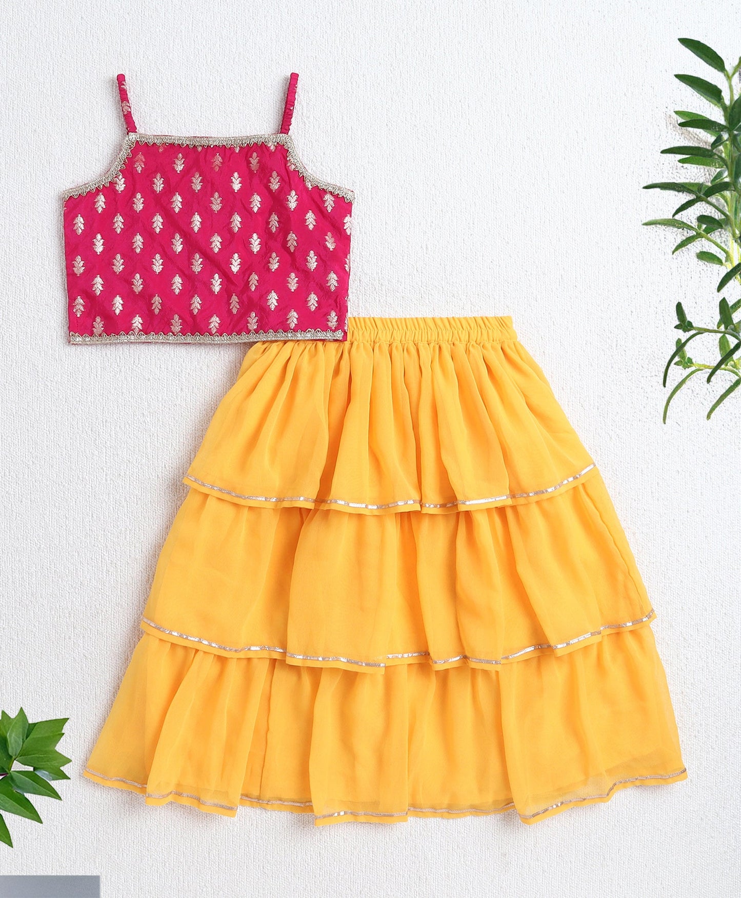 The Magic Wand Woven Singlet Foil Print Choli with Layered Lehenga Set- Yellow