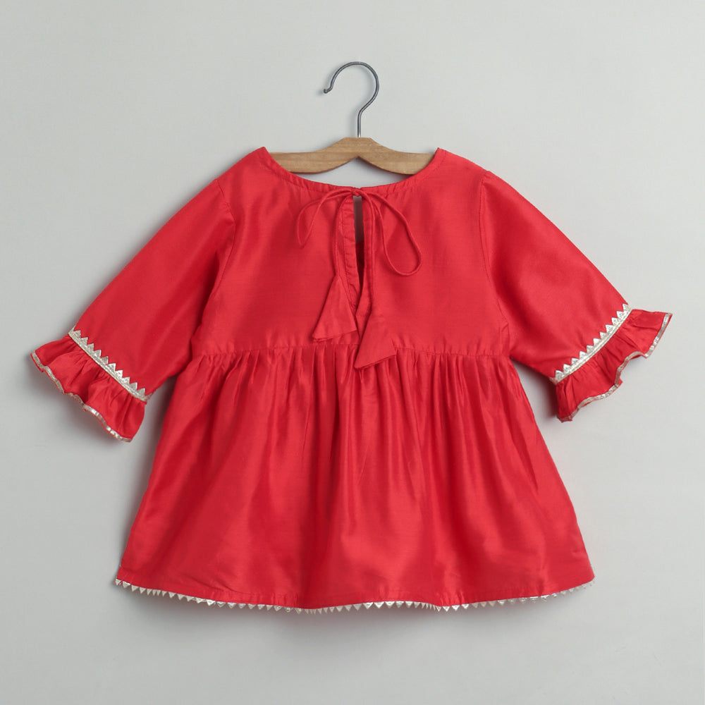 The Magic Wand Lace Embelished Full Sleeves tassles Kurta with Ballon Pants-Red