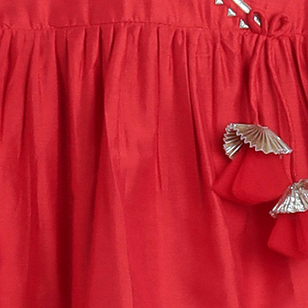 The Magic Wand Lace Embelished Full Sleeves tassles Kurta with Ballon Pants-Red