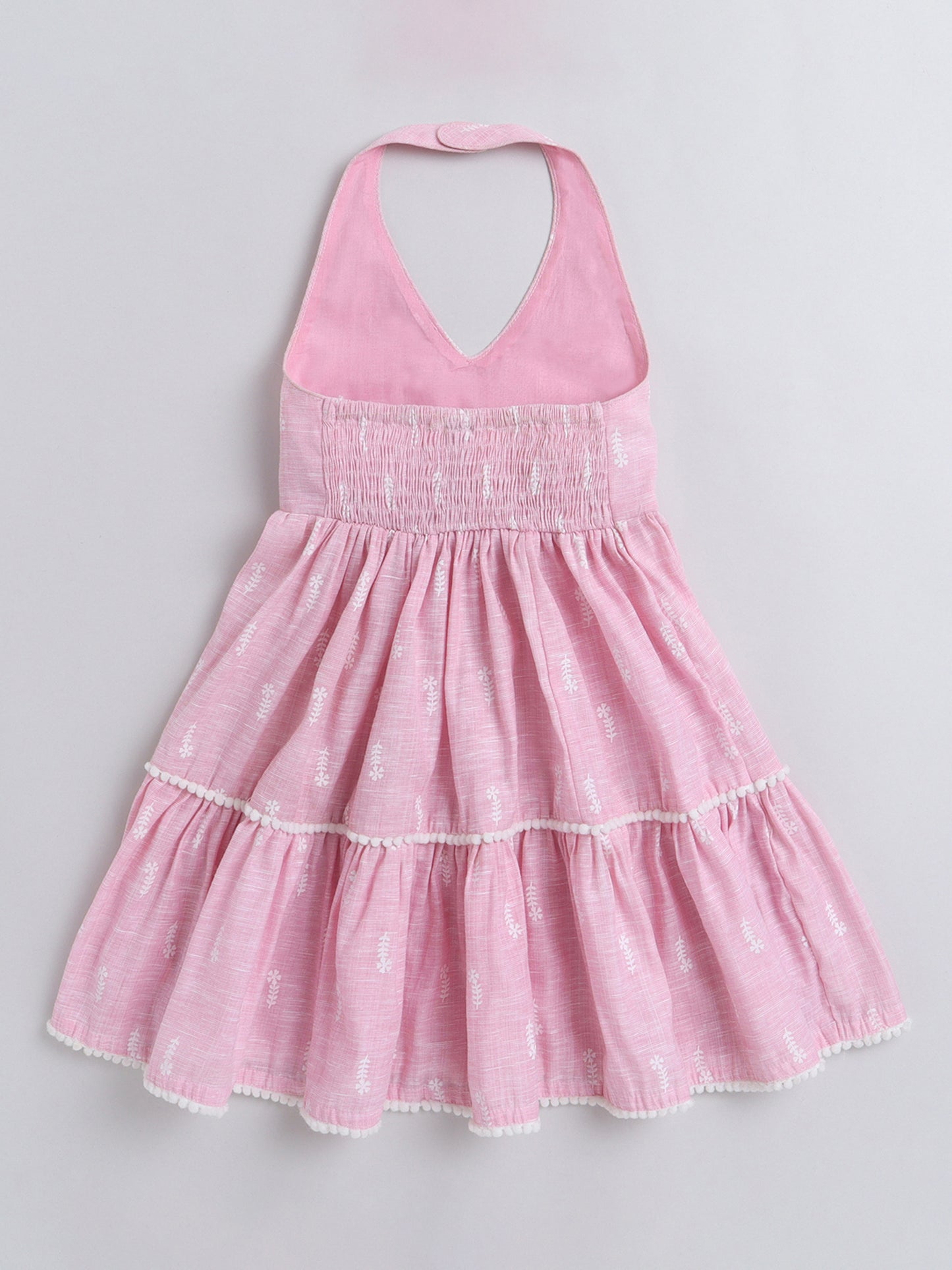 Halter Neck Printed Tiered Dress For Girls With Pom Pom Lace Embelishment-Pink