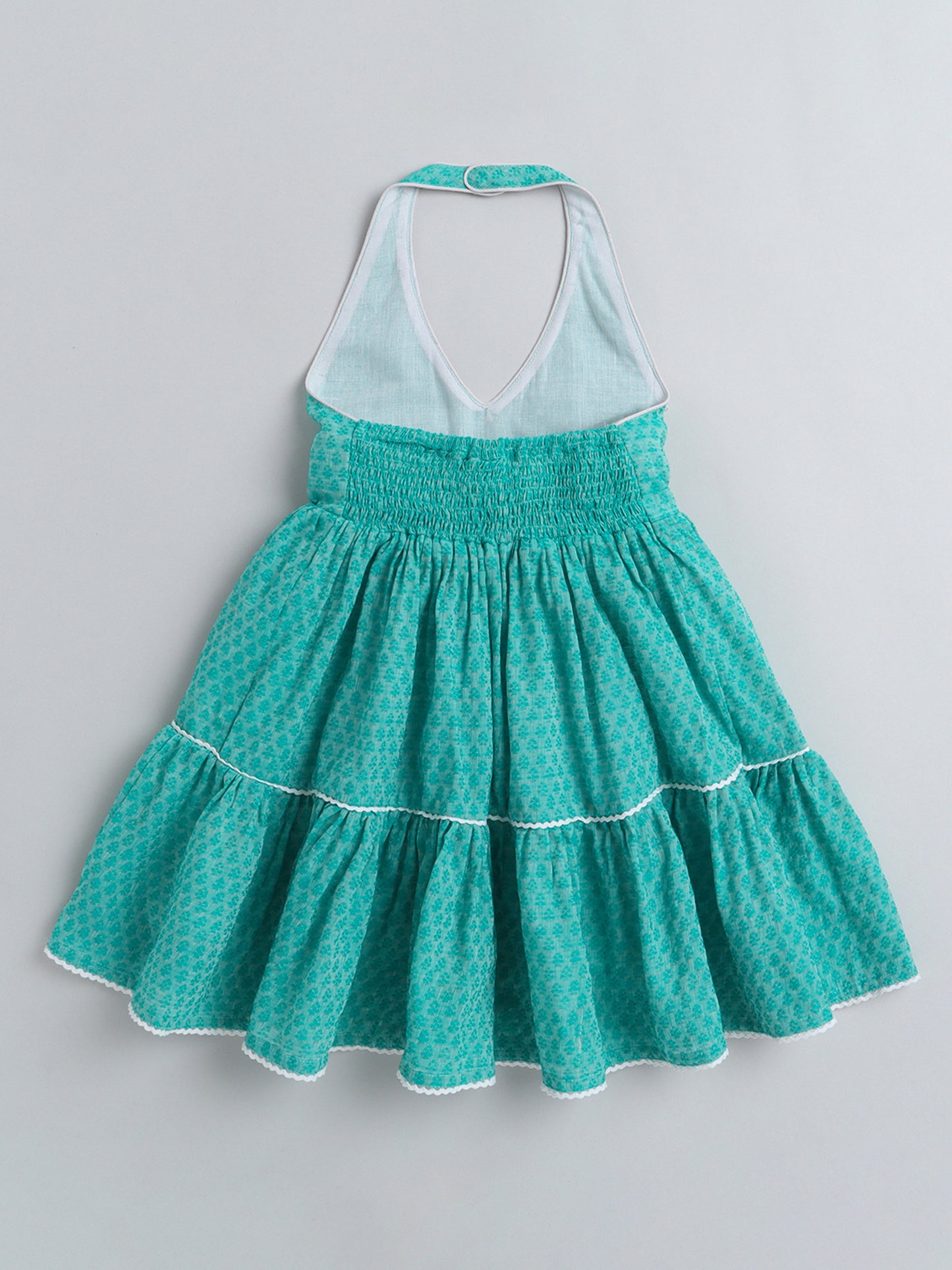Halter Neck Cotton Dobby Tiered Dress For Girls With Lace Embelishment-Blue