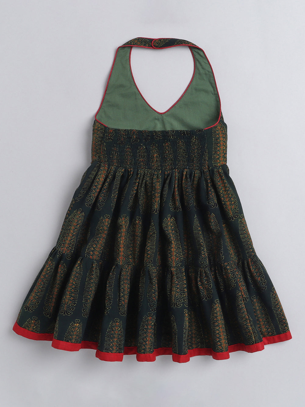 Halter Neck Ajarak Printed Cotton Tiered Dress For Girls With Contrast Patti Embelishment-Olive Green