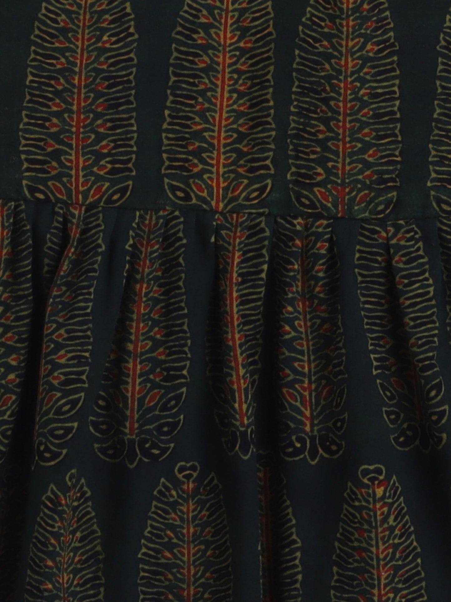 Halter Neck Ajarak Printed Cotton Tiered Dress For Girls With Contrast Patti Embelishment-Olive Green