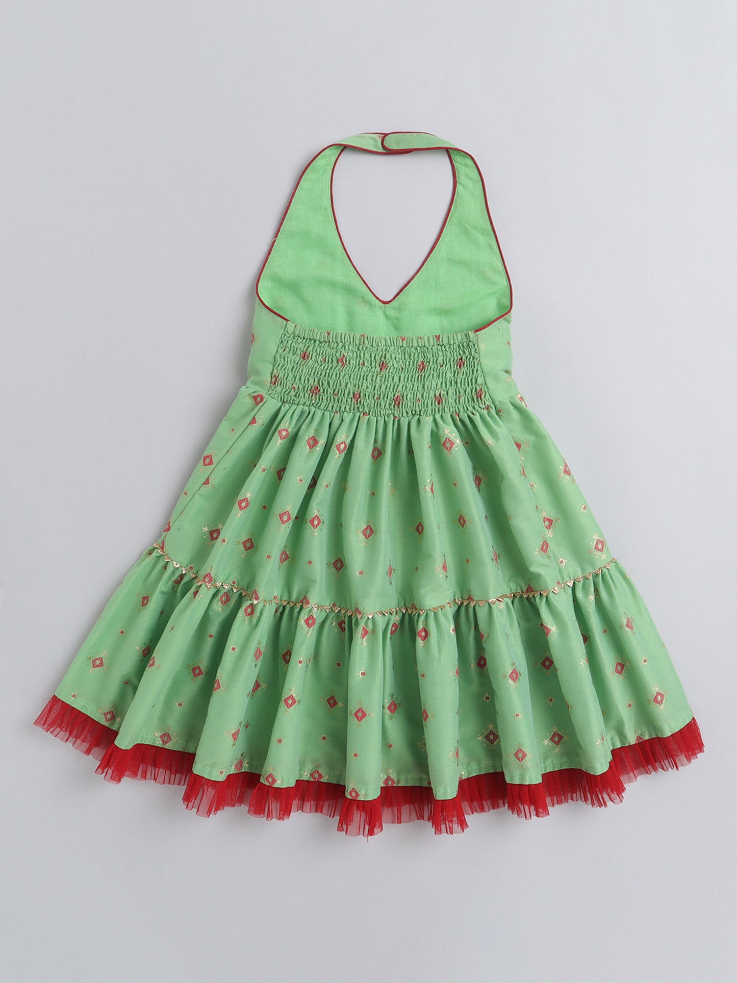 Halter Neck Foil Printed Tiered Dress For Girls With Contrast Net Frill Embelishment-Pista Green