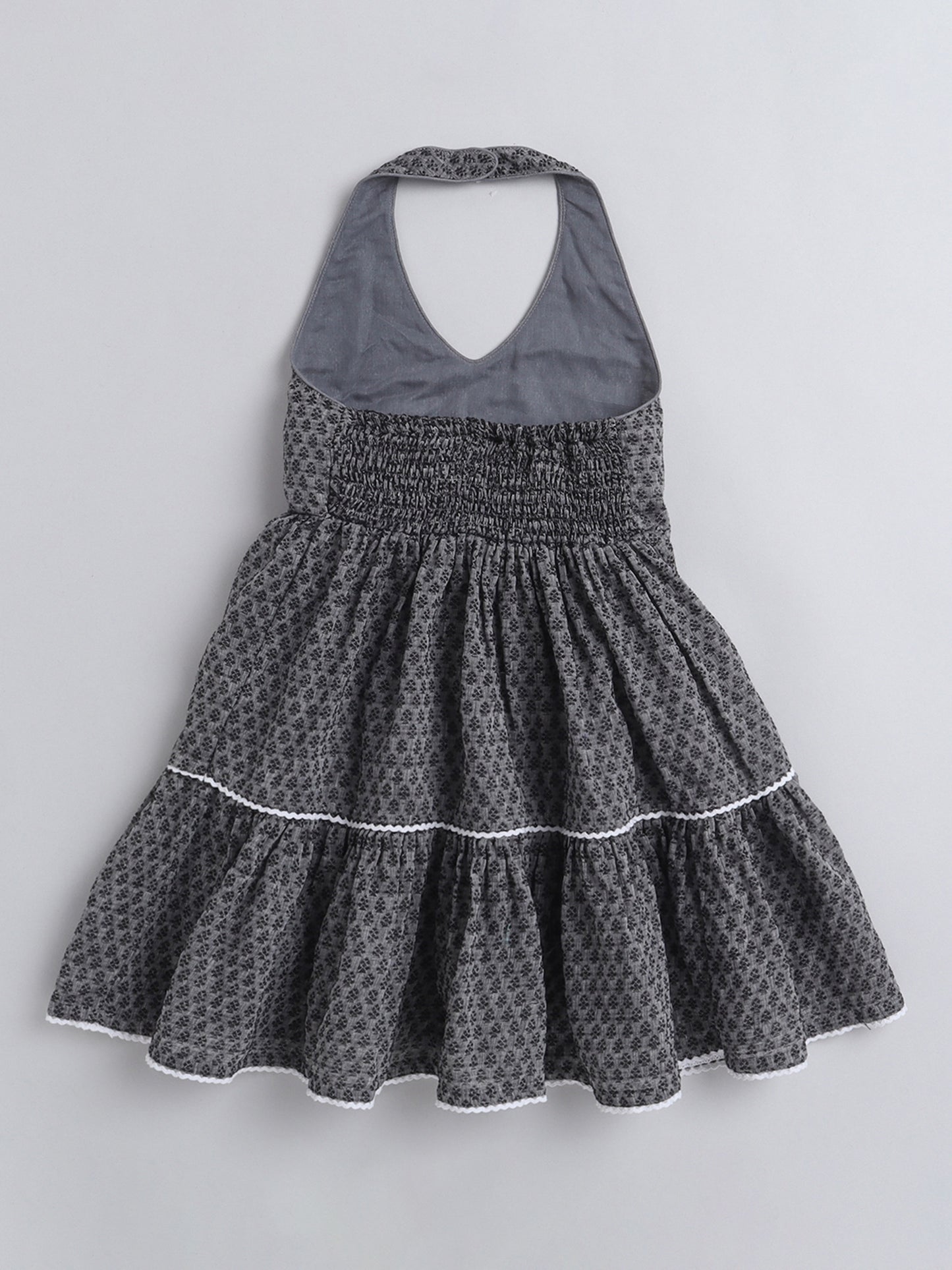 Halter Neck Cotton Dobby Tiered Dress For Girls With Lace Embelishment - Grey