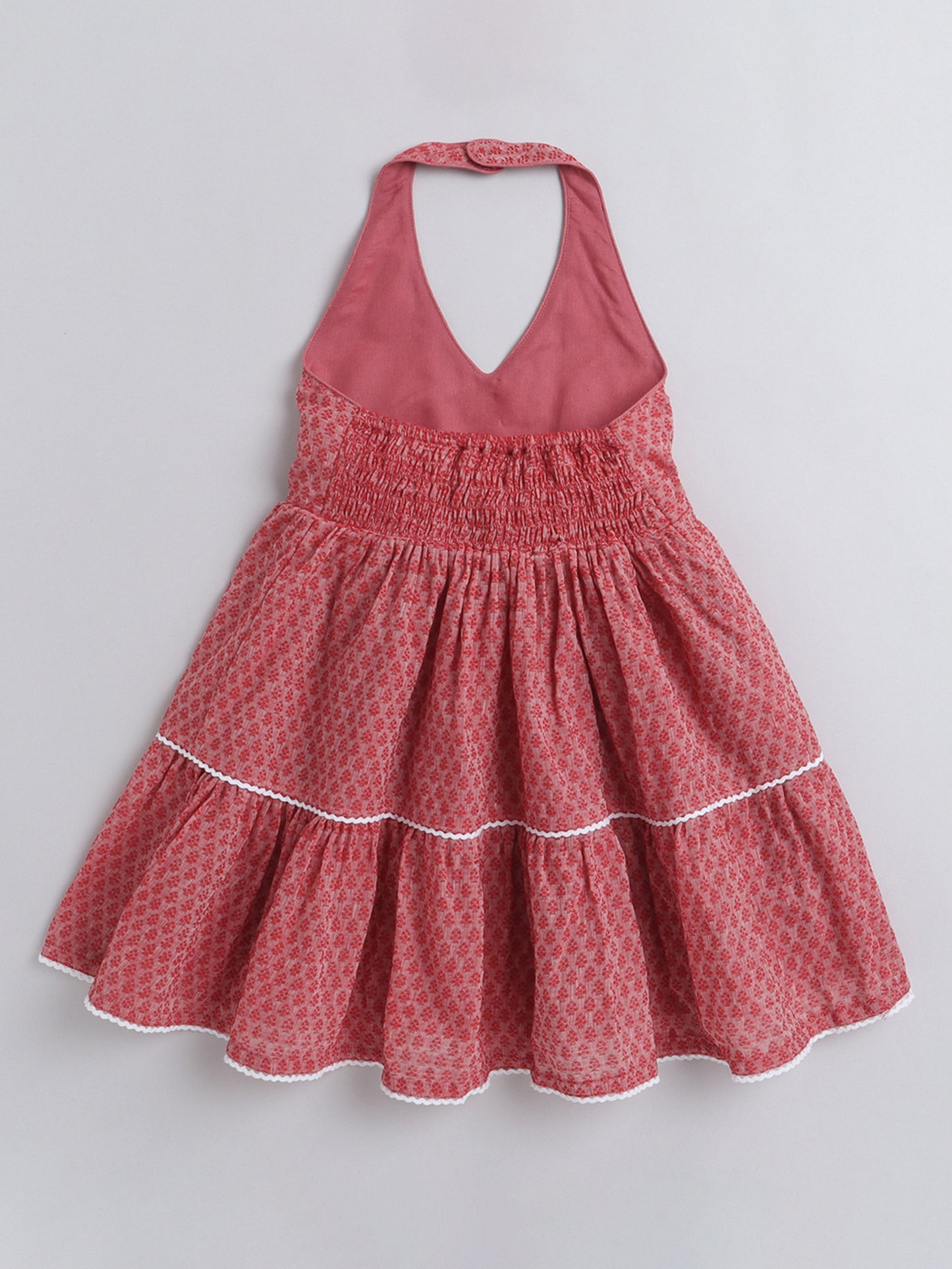 Halter Neck Cotton Dobby Tiered Dress For Girls With Lace Embelishment - Red