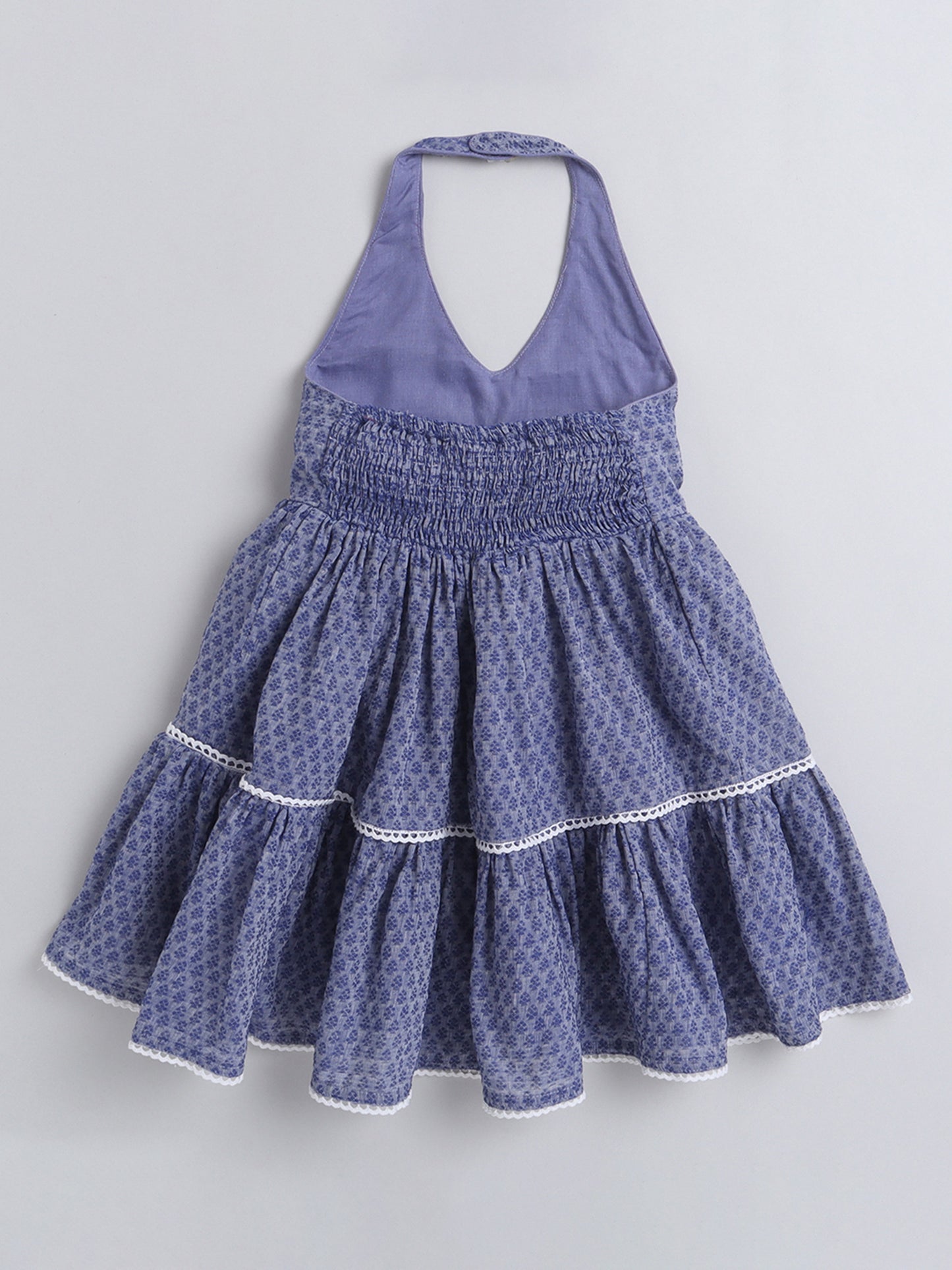 Halter Neck Cotton Dobby Tiered Dress For Girls With Lace Embelishment - Blue