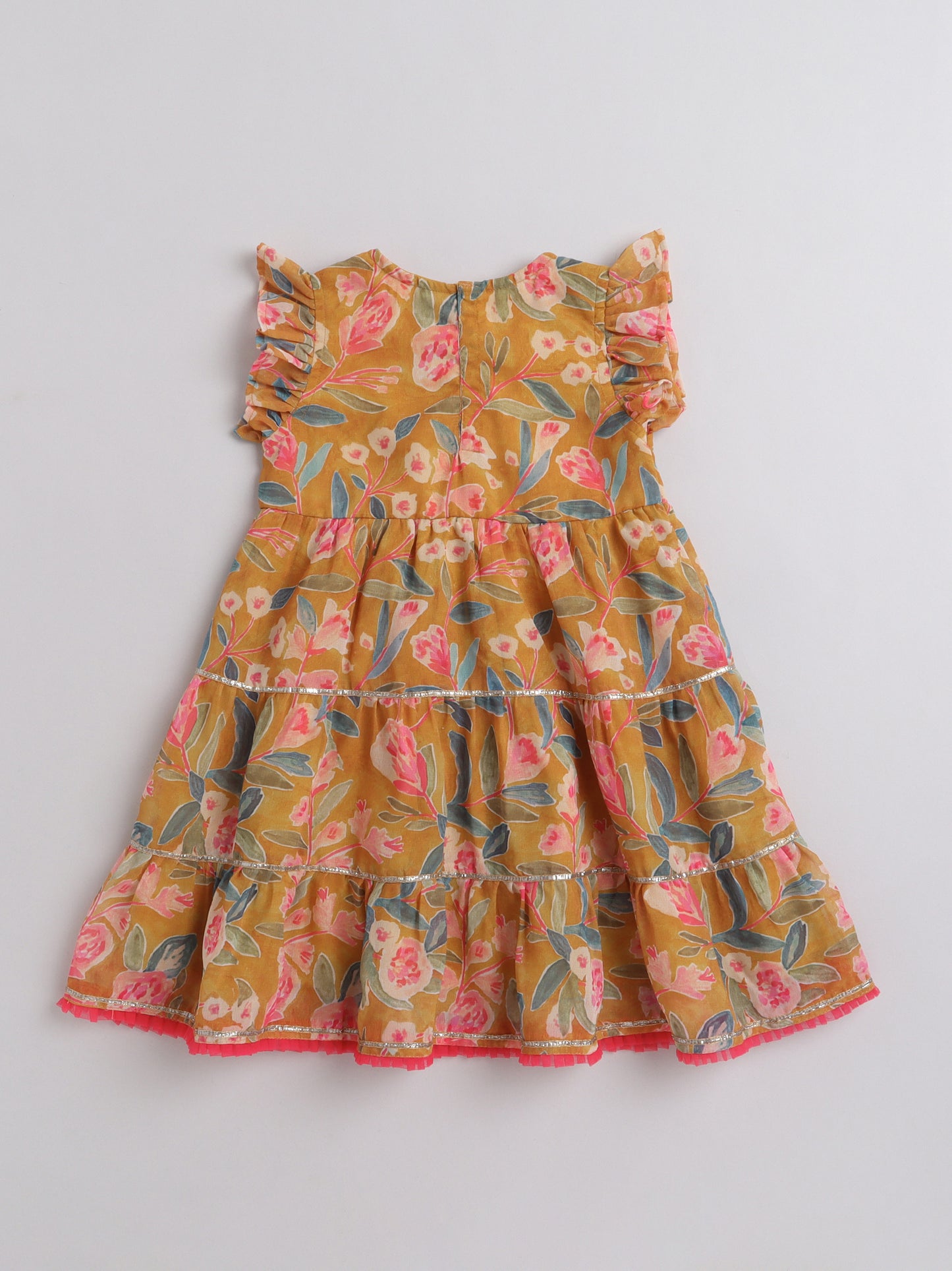 Floral Printed Ruffle Sleeves Lace Embelished Dress For Girls-Mustard