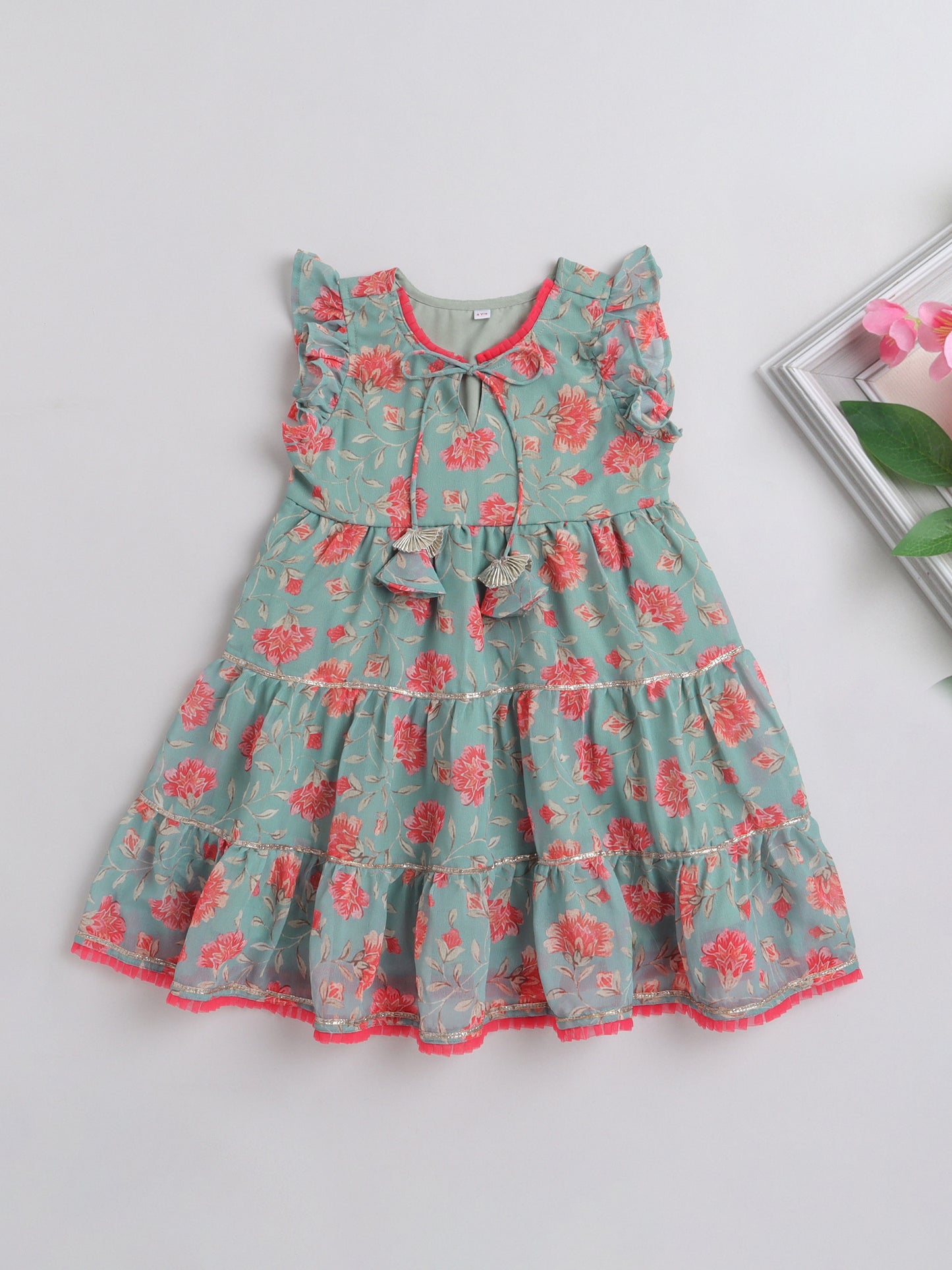 Floral Printed Ruffle Sleeves Lace Embelished Dress For Girls-Green