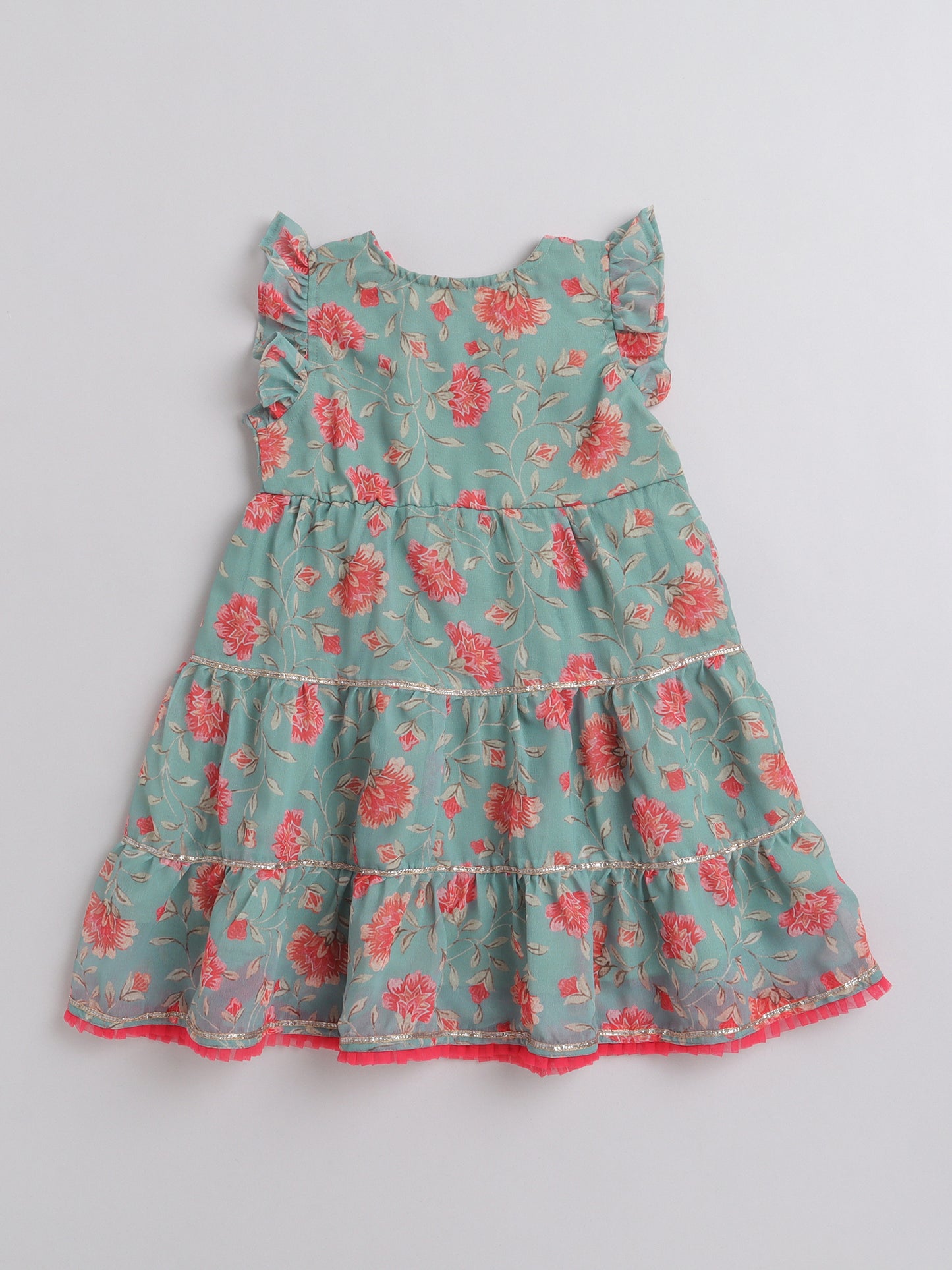 Floral Printed Ruffle Sleeves Lace Embelished Dress For Girls-Green