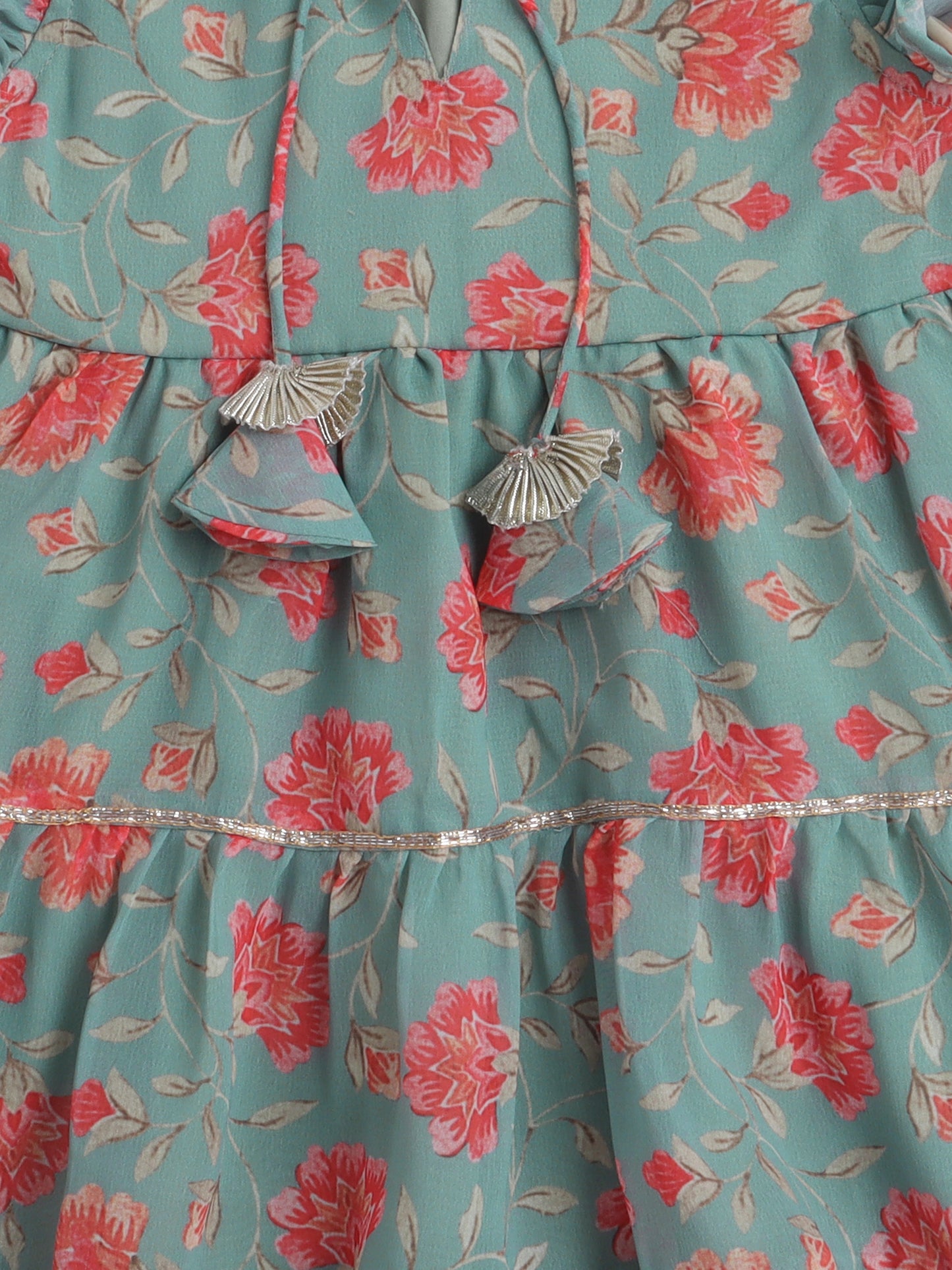 Floral Printed Ruffle Sleeves Lace Embelished Dress For Girls-Green