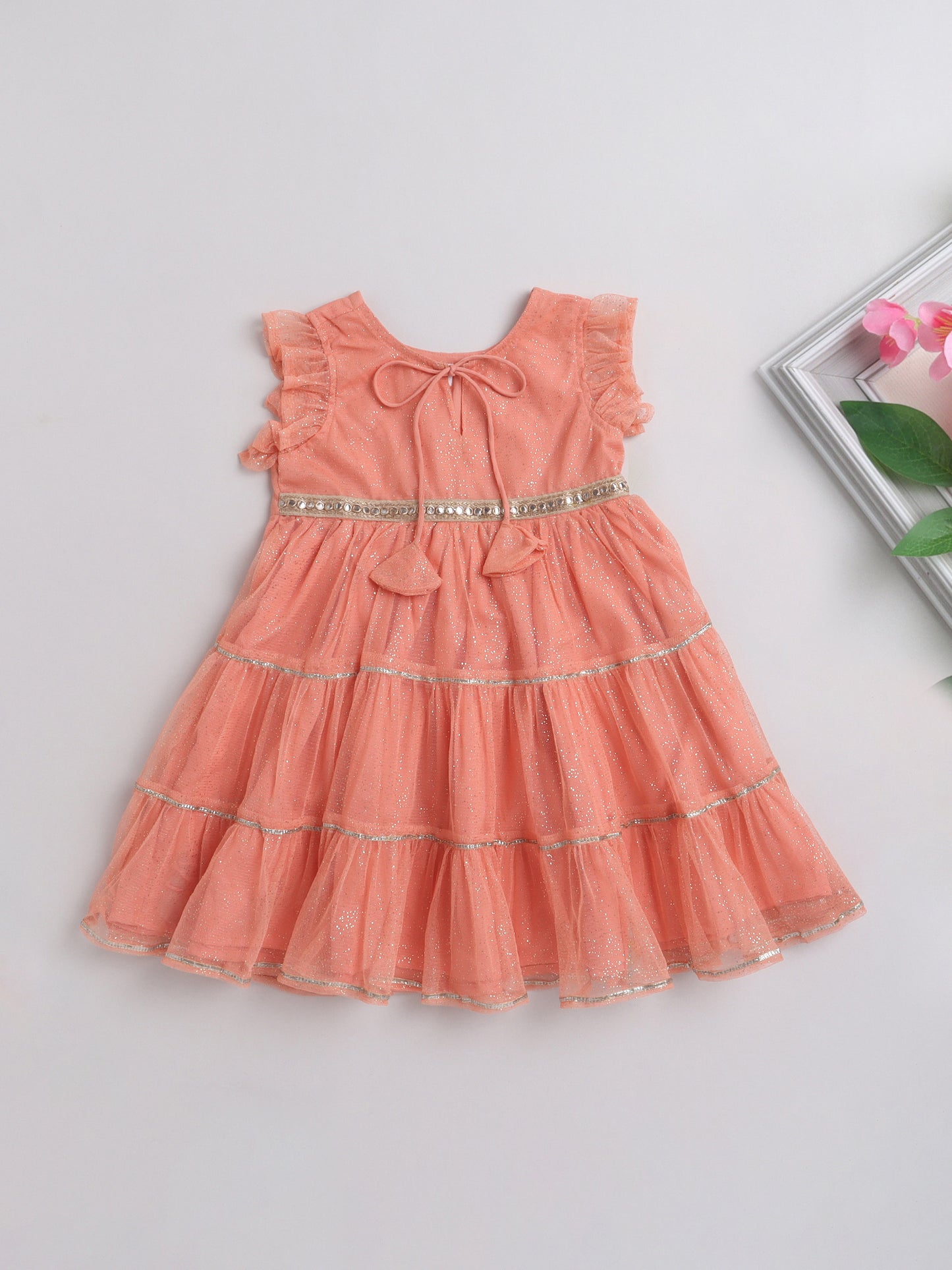 Floral Printed Ruffle Sleeves Lace Embelished Dress For Girls-Peach