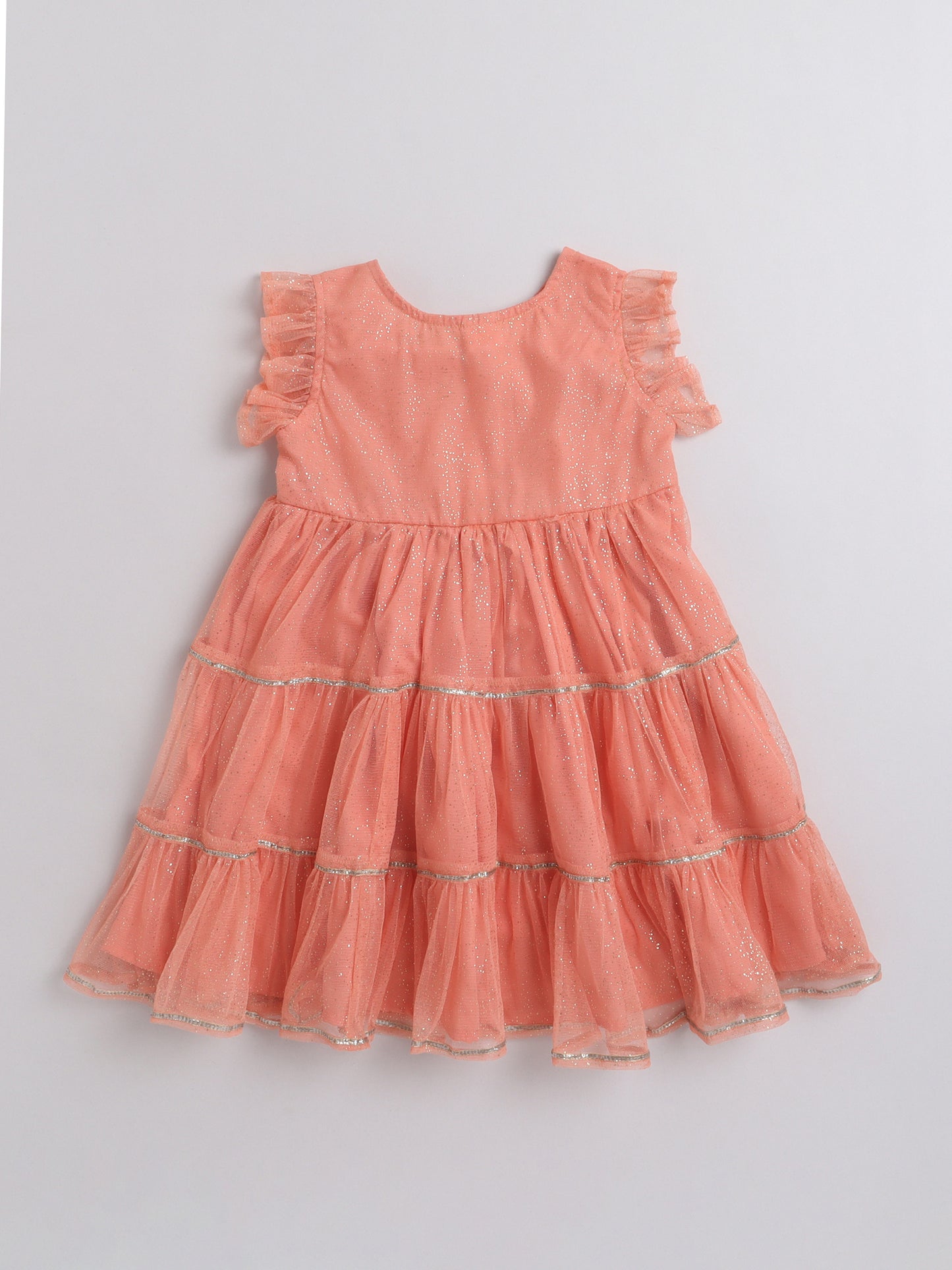 Floral Printed Ruffle Sleeves Lace Embelished Dress For Girls-Peach