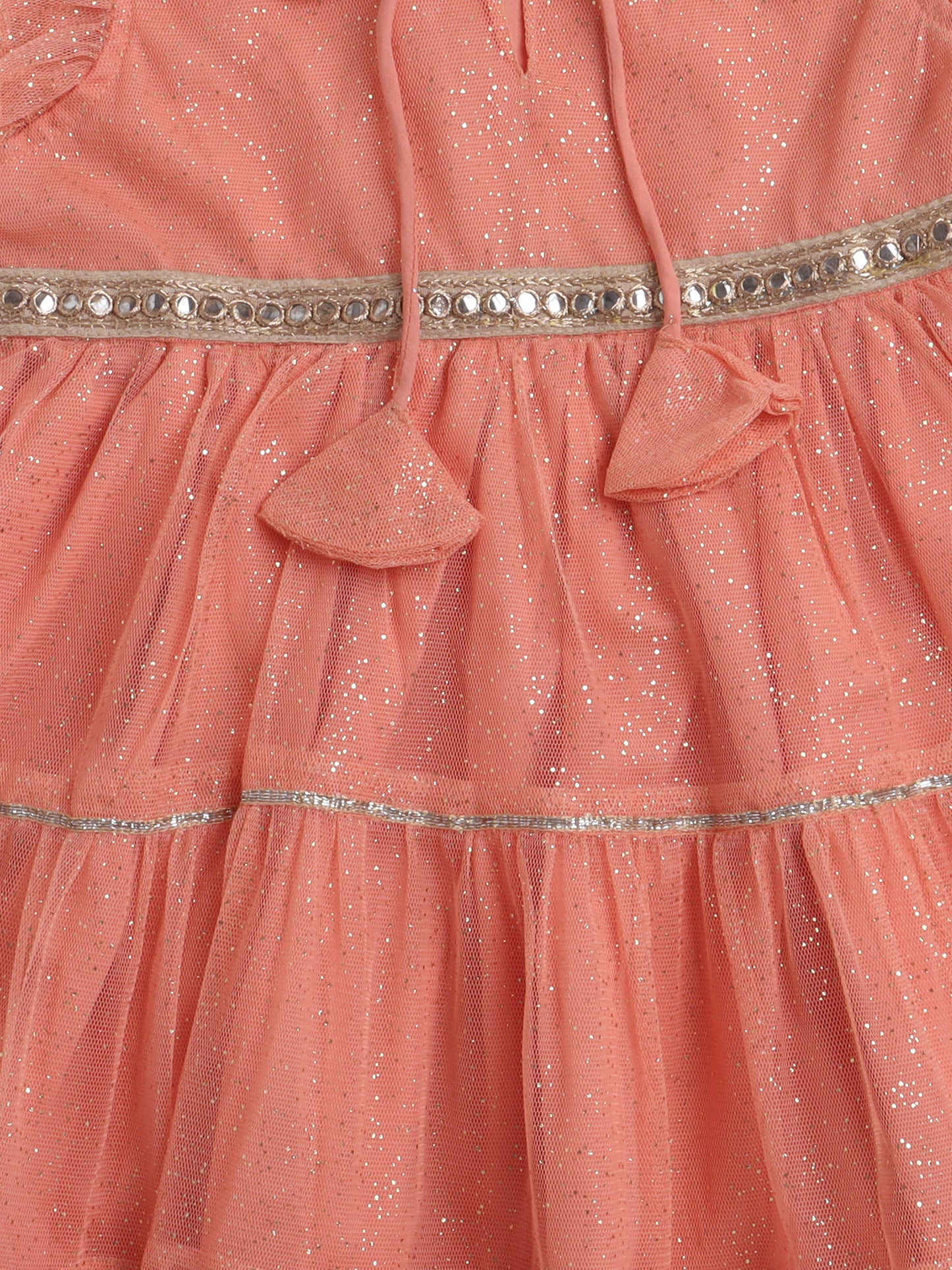 Floral Printed Ruffle Sleeves Lace Embelished Dress For Girls-Peach