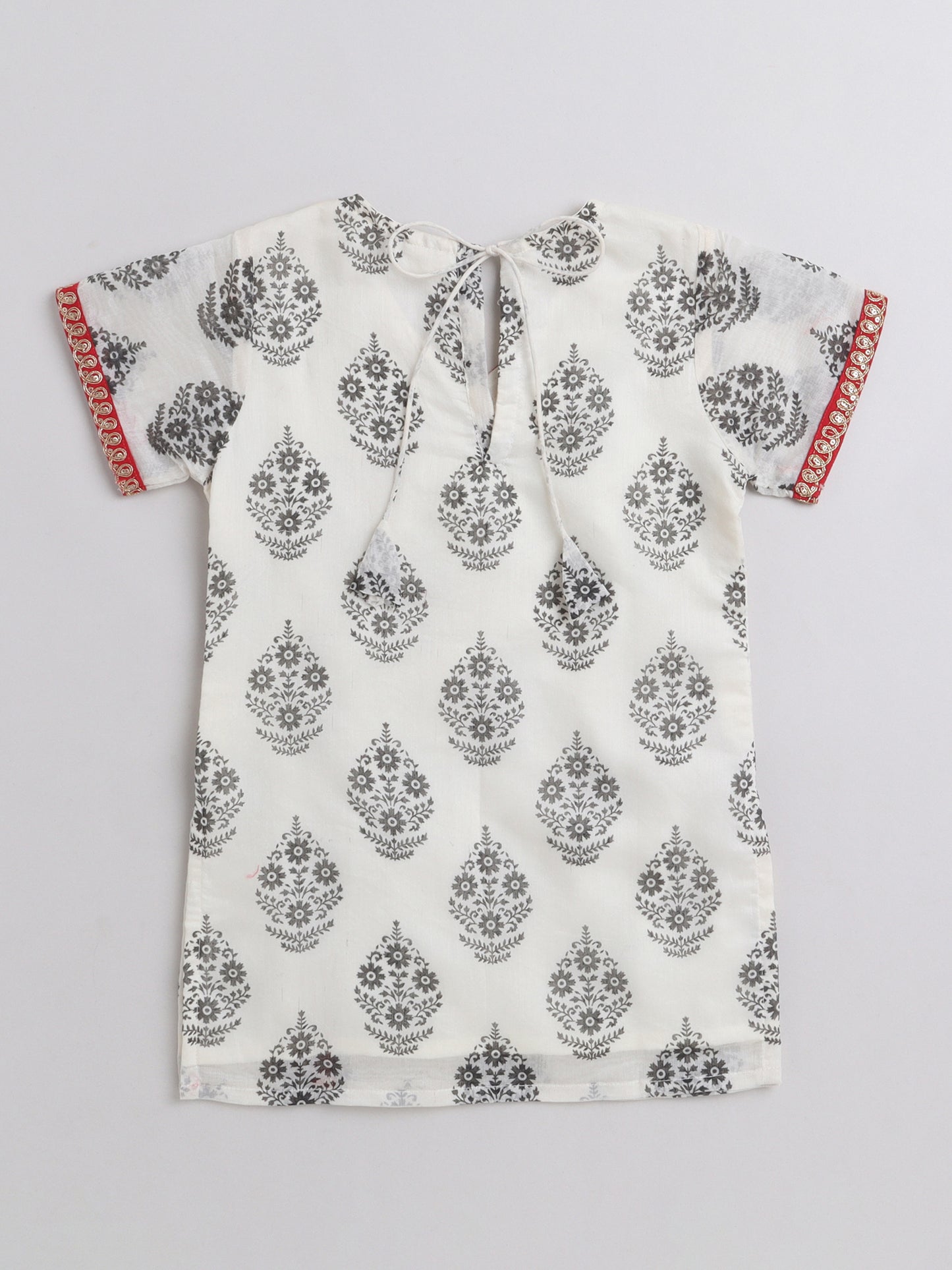 All Over Printed Short Sleeves Lace Detailing Kurta And Salwar Set With Dupatta For Girls-Off White, Red