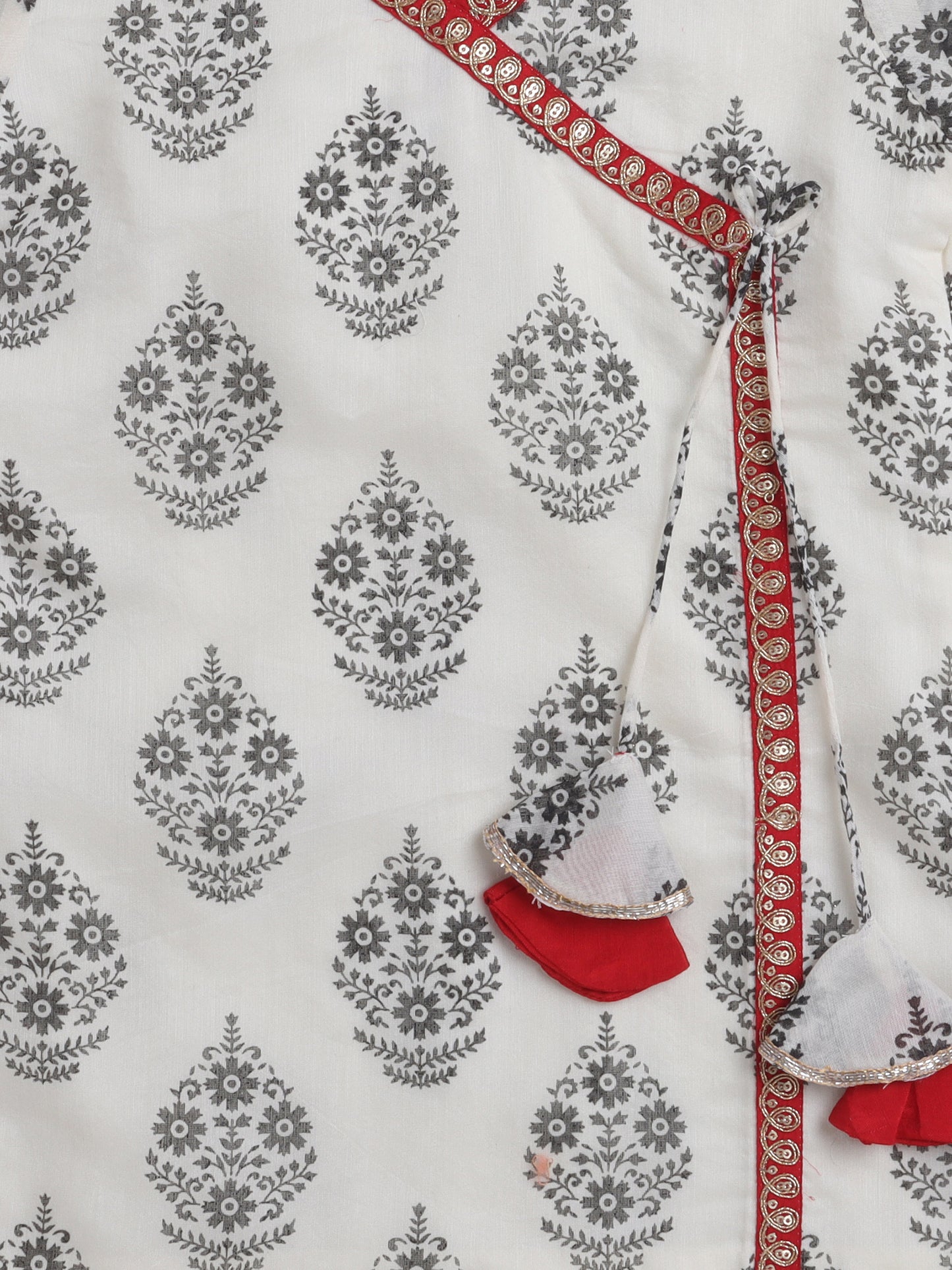 All Over Printed Short Sleeves Lace Detailing Kurta And Salwar Set With Dupatta For Girls-Off White, Red