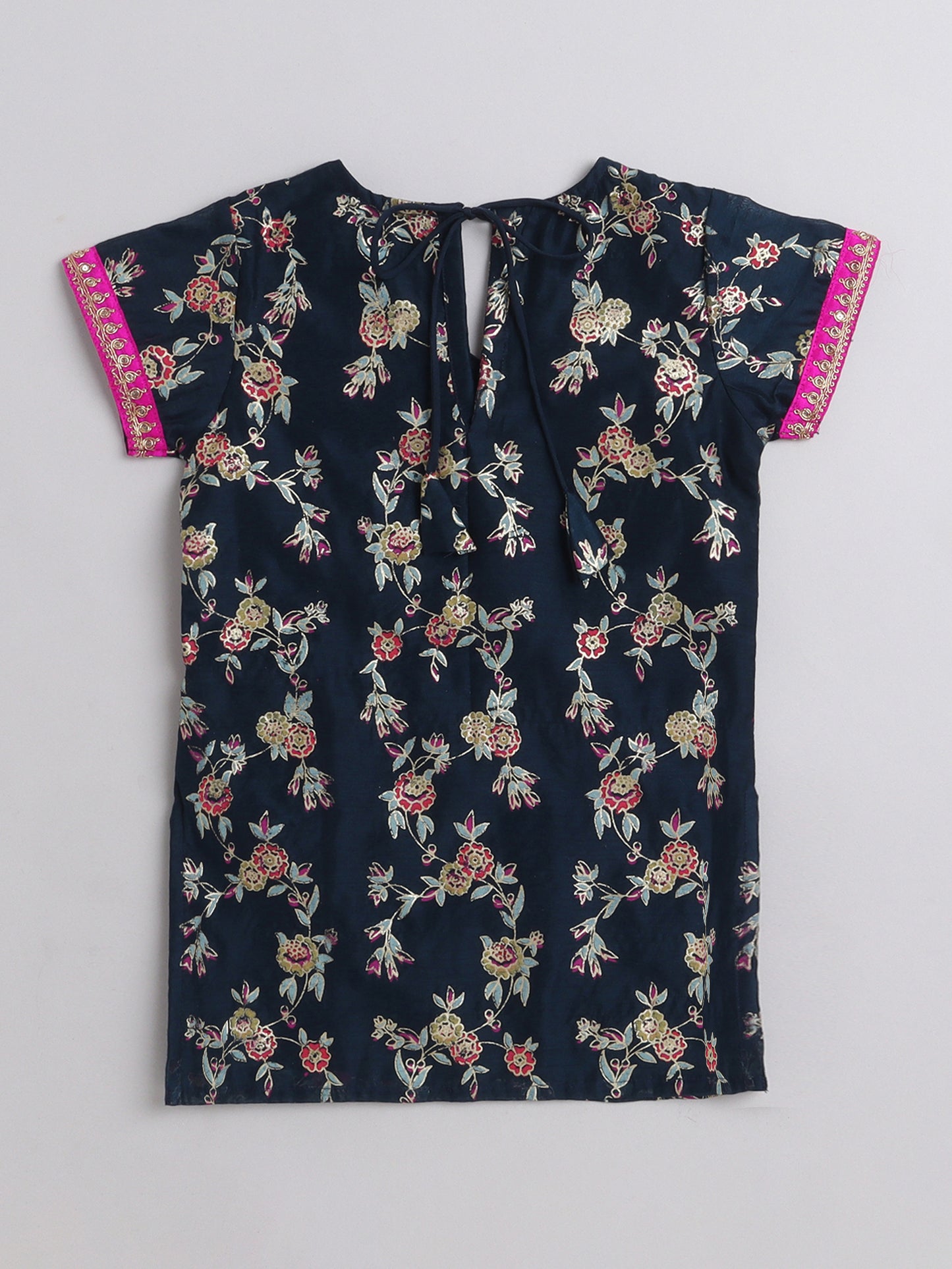 All Over Printed Short Sleeves Lace Detailing Kurta And Salwar Set With Dupatta For Girls-Navy Blue, Fuchsia