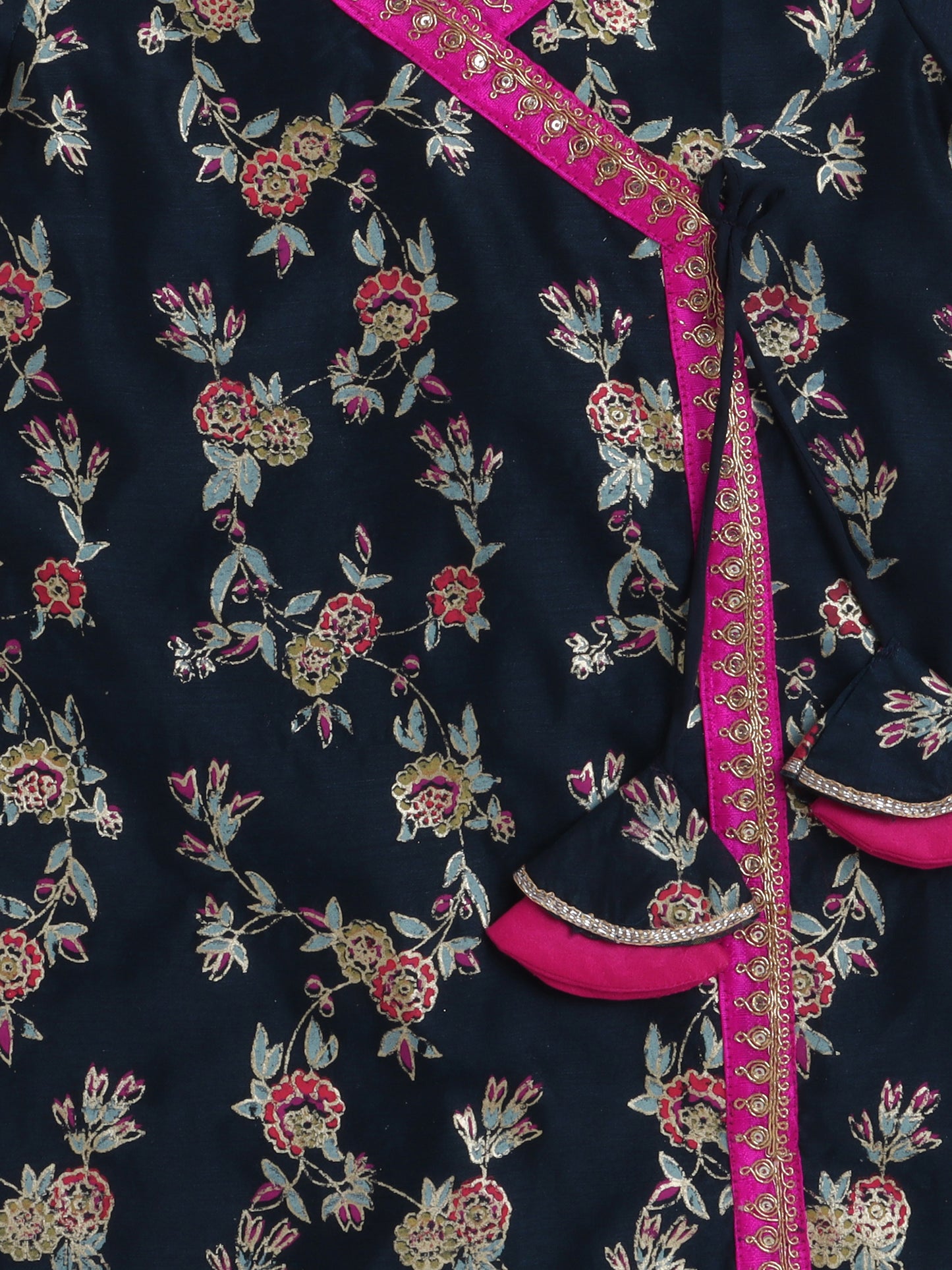 All Over Printed Short Sleeves Lace Detailing Kurta And Salwar Set With Dupatta For Girls-Navy Blue, Fuchsia