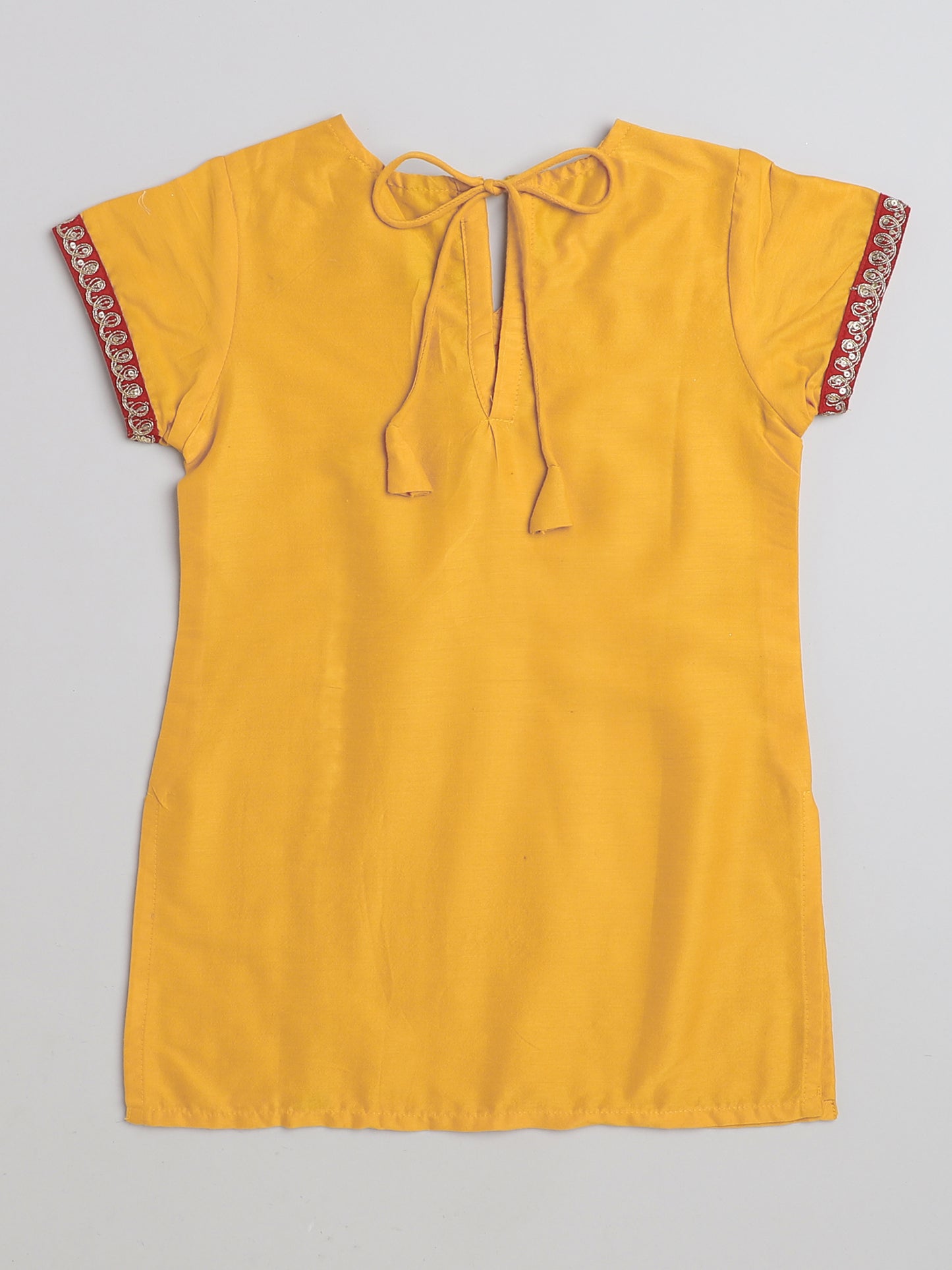Short Sleeves Lace Detailing Kurta And Salwar Set For Girls-Mustard