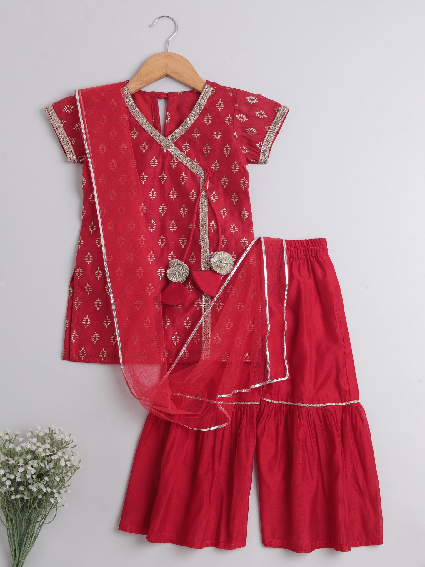 Foil Printed Lace Embellished Short Sleeves Top With Sharara And Dupatta Set For Girls-Red