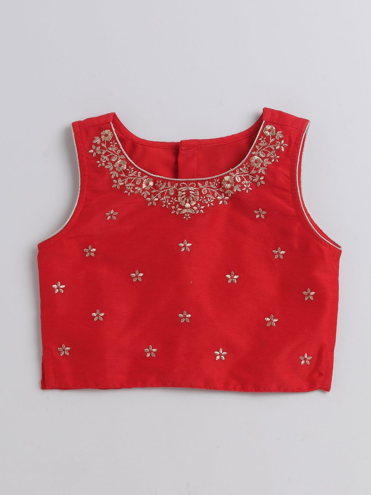 The Magic Wand Foil Printed Lace Embellished Short Sleeves Choli With Lehenga And Dupatta Set For Girls Red