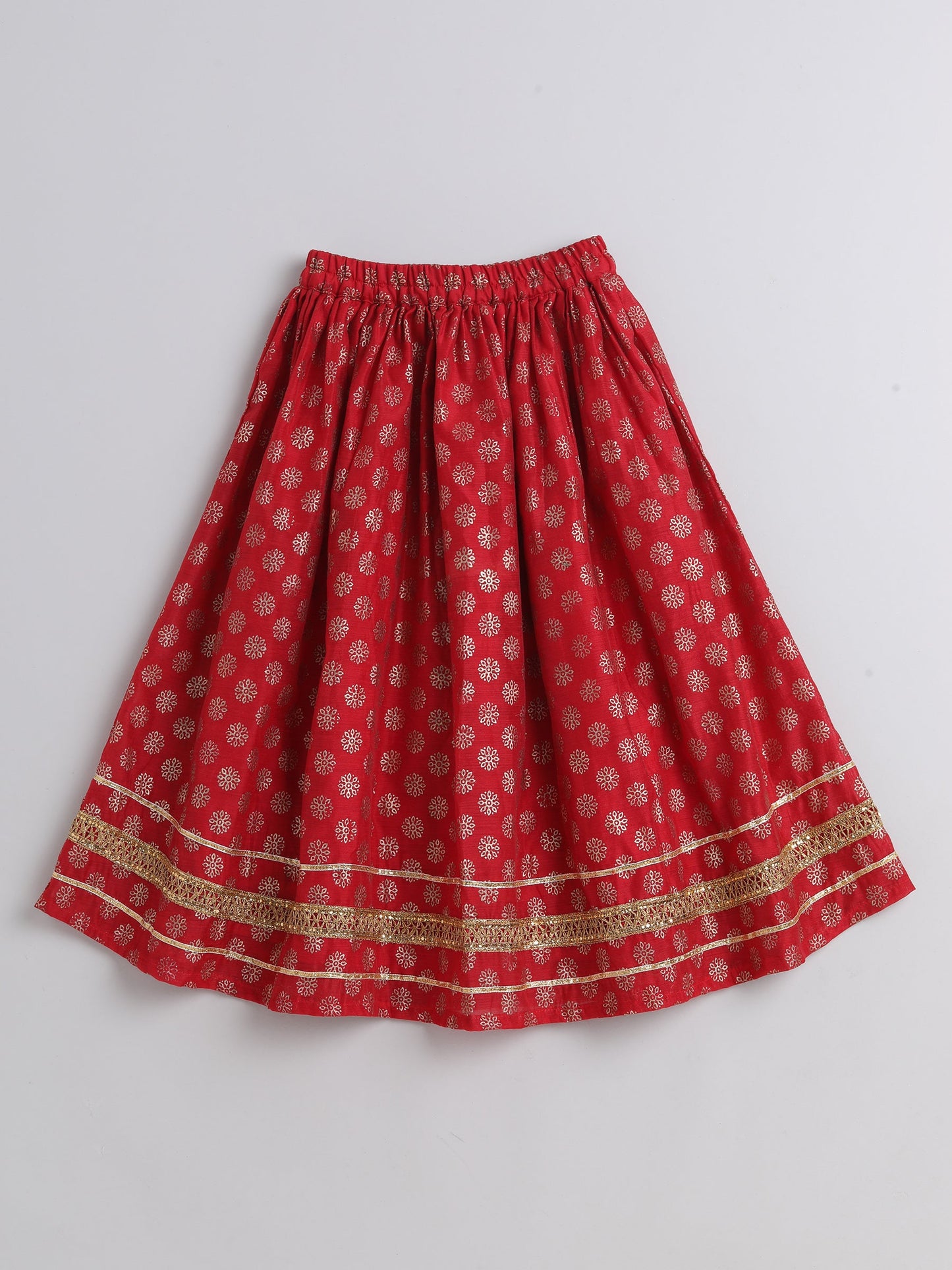 The Magic Wand Foil Printed Lace Embellished Short Sleeves Choli With Lehenga And Dupatta Set For Girls Red