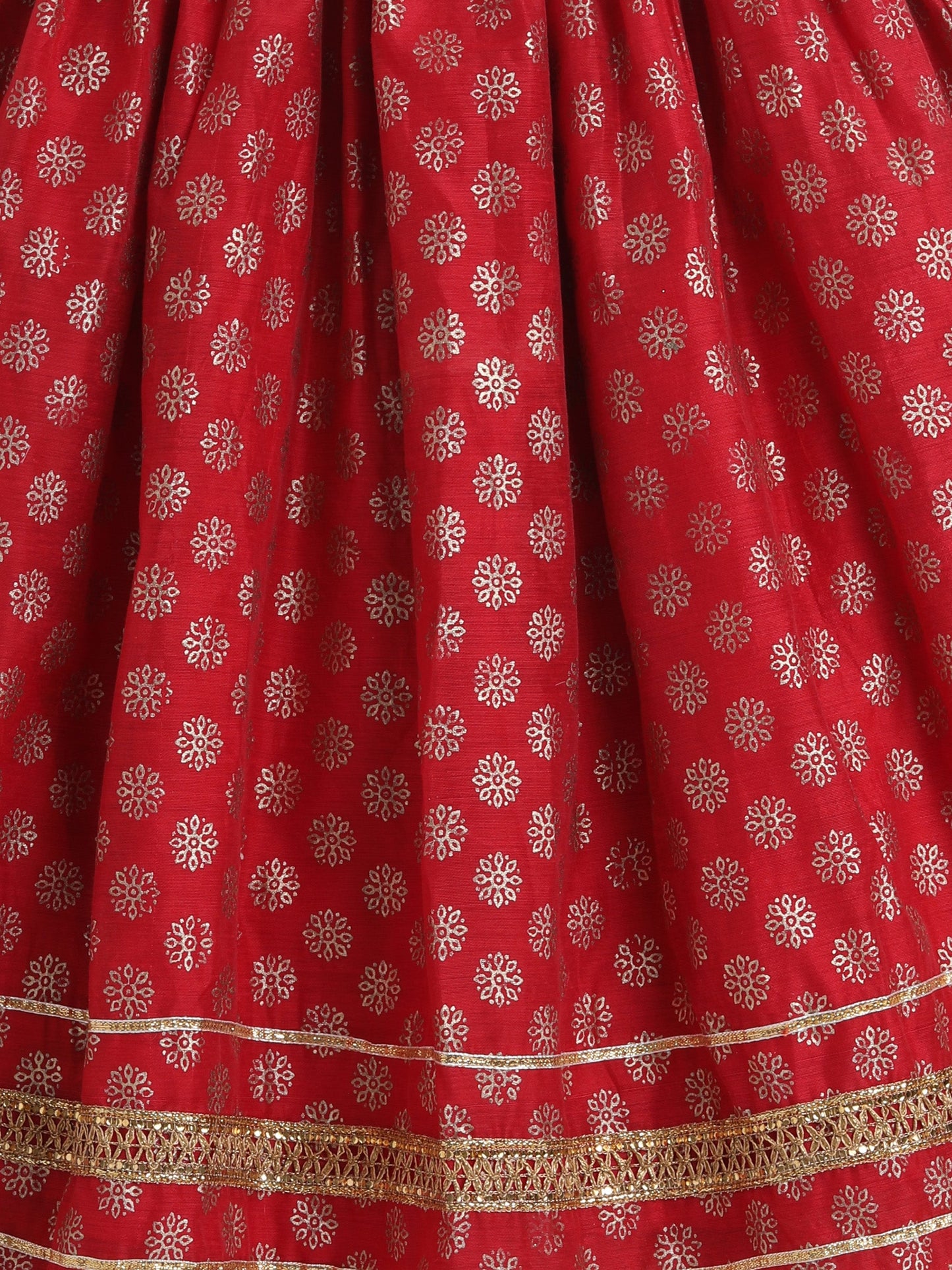 The Magic Wand Foil Printed Lace Embellished Short Sleeves Choli With Lehenga And Dupatta Set For Girls Red