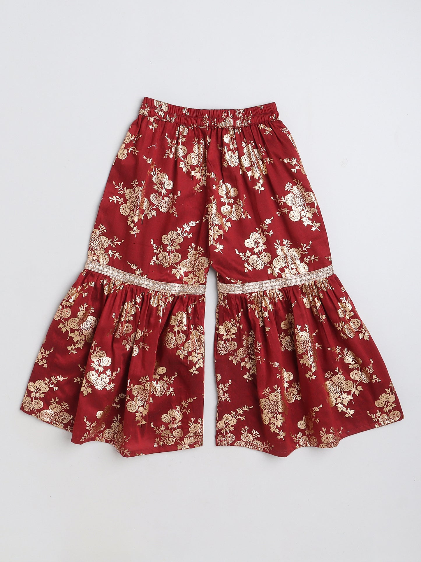 Foil Printed Lace Embellished Short Sleeves Kurti With Floral Sharara and Dupatta Set For Girls-Maroon