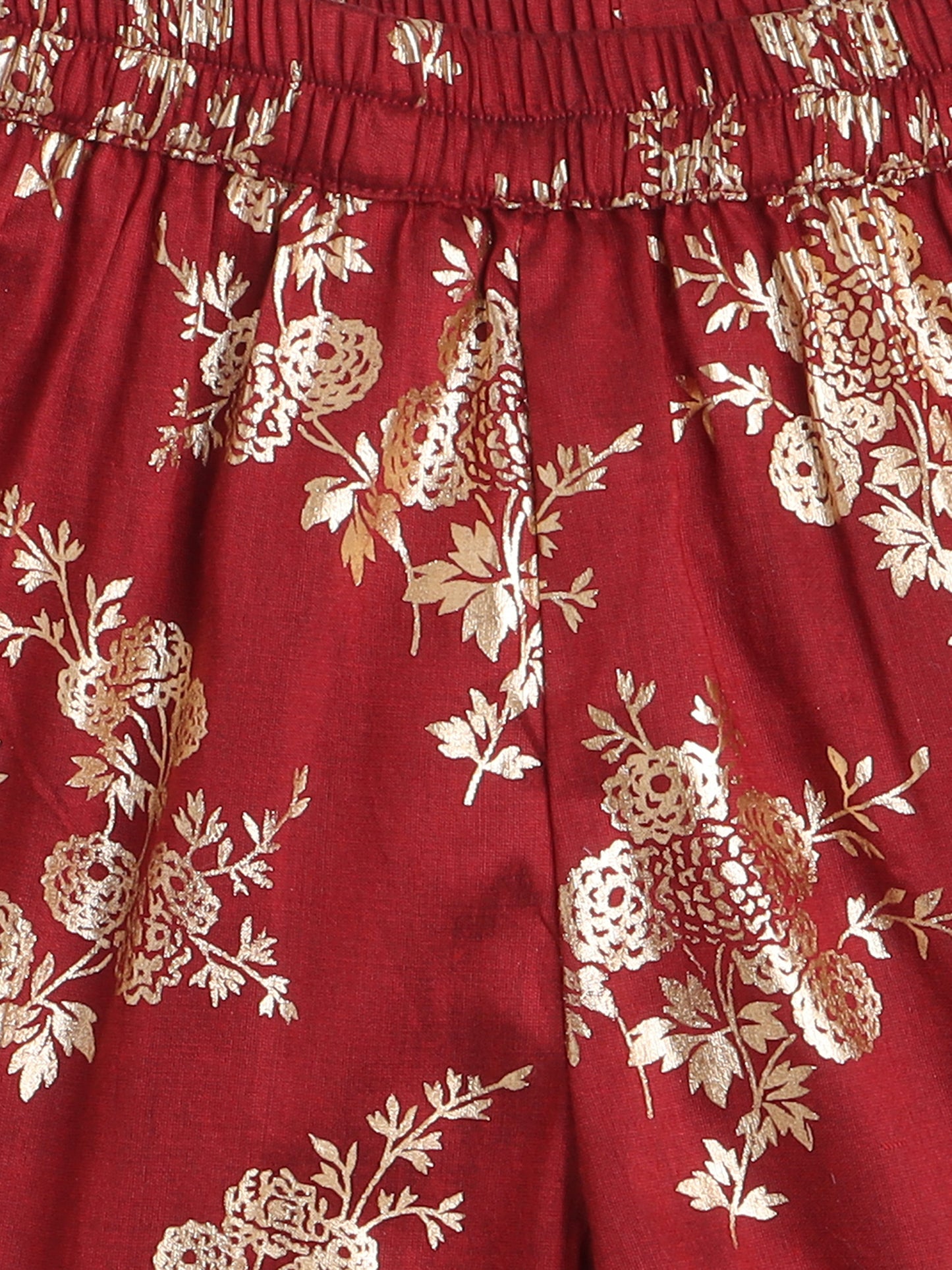 Foil Printed Lace Embellished Short Sleeves Kurti With Floral Sharara and Dupatta Set For Girls-Maroon