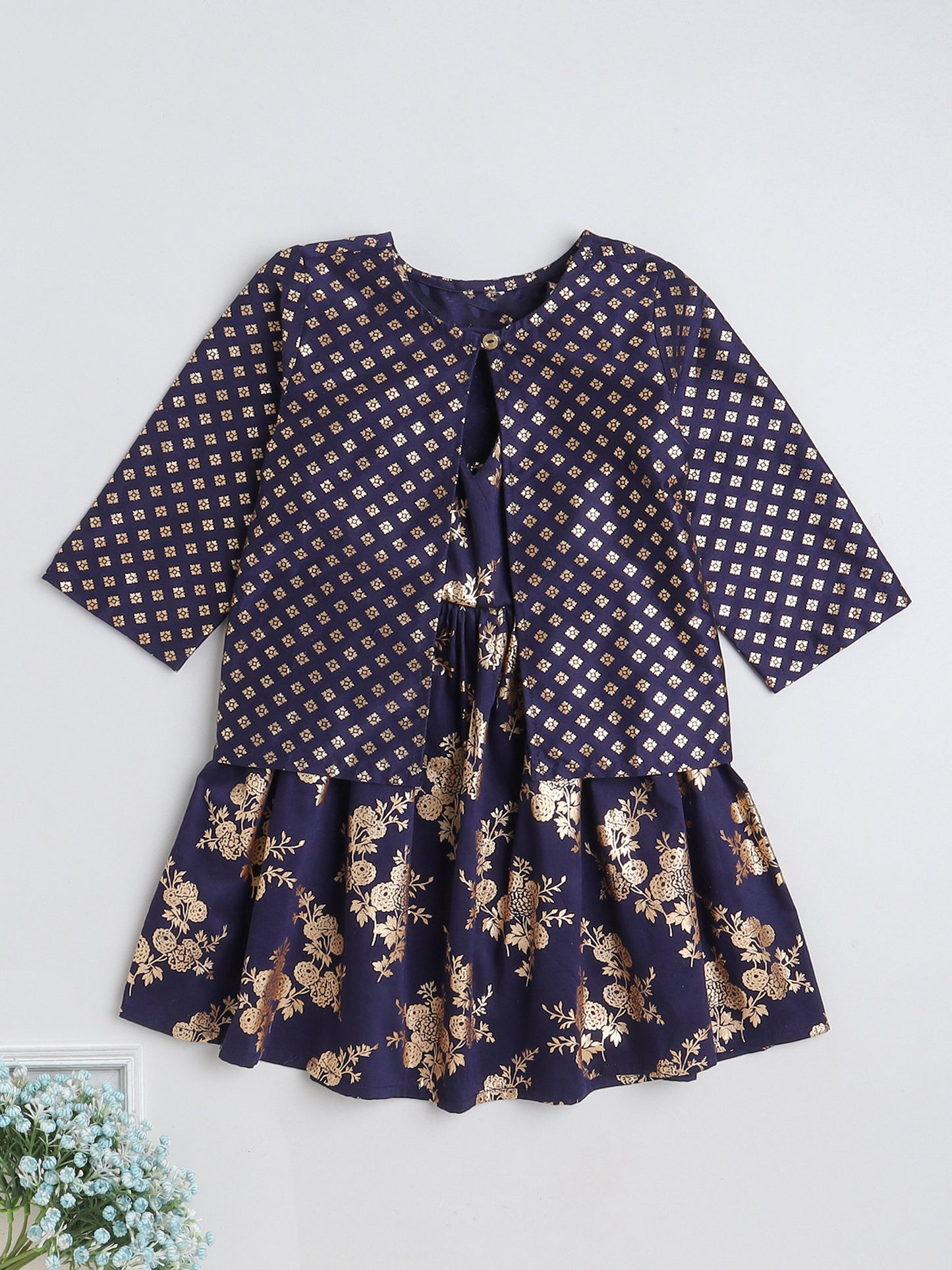 Foil Printed 3/4th sleeves Jacket with Halter Neck Floral Dress Set For Girls-Navy