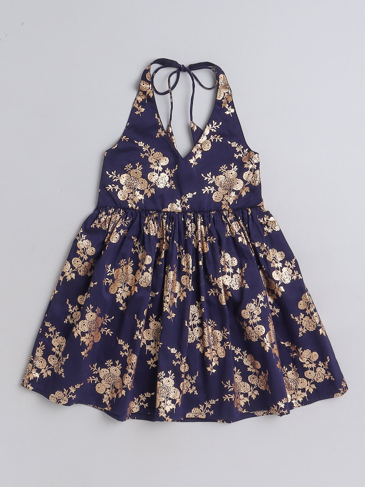 Foil Printed 3/4th sleeves Jacket with Halter Neck Floral Dress Set For Girls-Navy