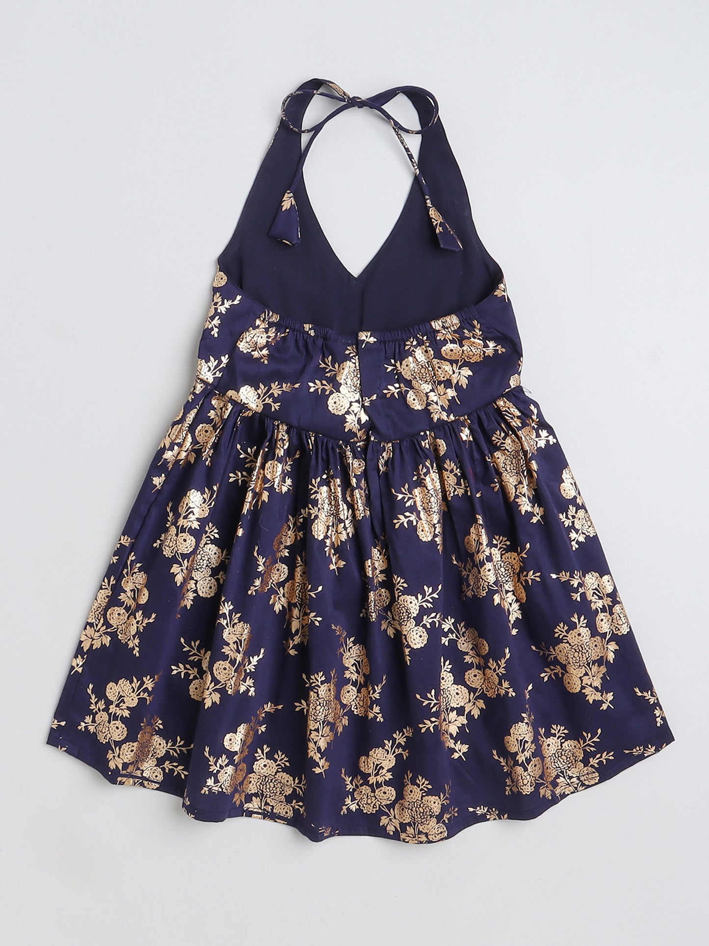 Foil Printed 3/4th sleeves Jacket with Halter Neck Floral Dress Set For Girls-Navy