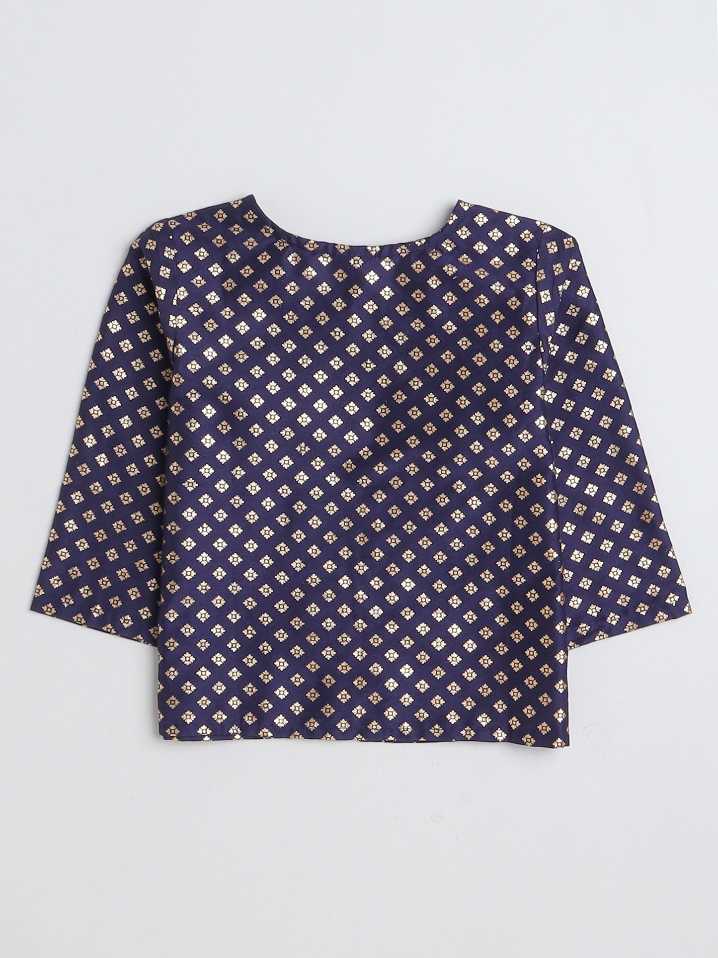 Foil Printed 3/4th sleeves Jacket with Halter Neck Floral Dress Set For Girls-Navy