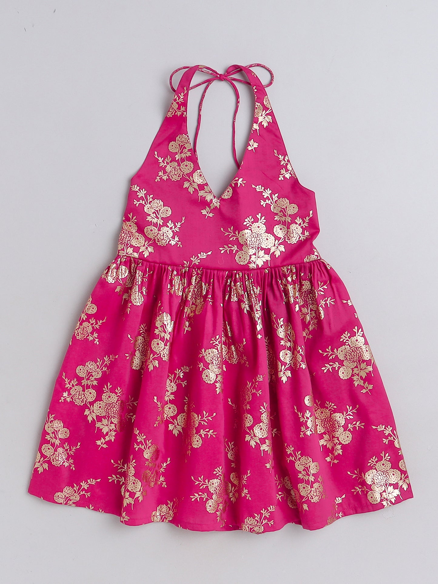 Foil Printed 3/4th sleeves Jacket with Halter Neck Floral Dress Set For Girls-Fuchsia