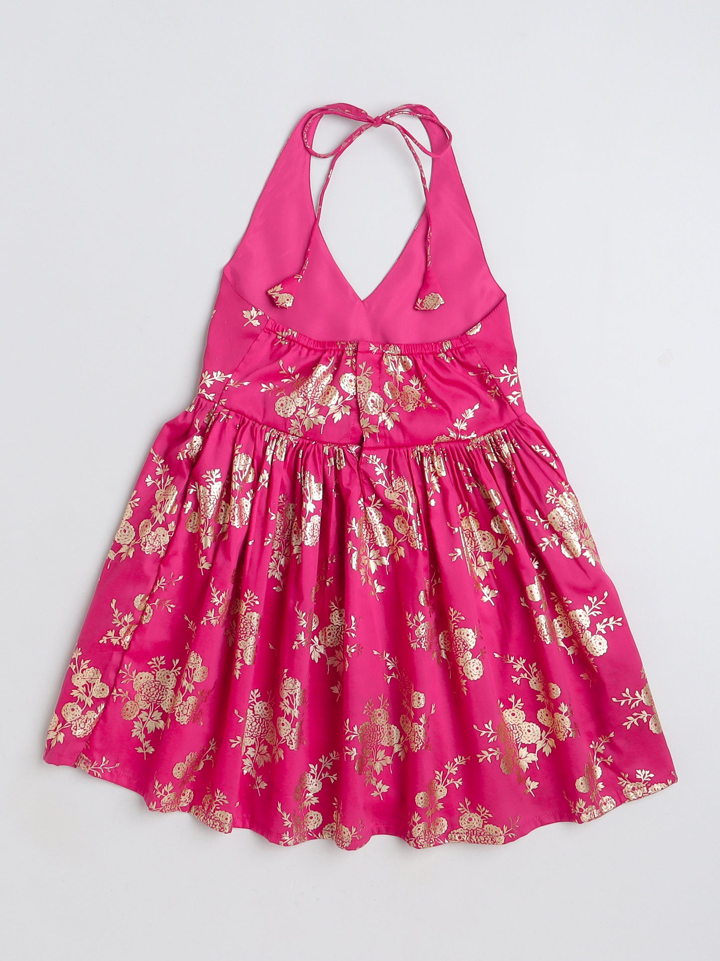 Foil Printed 3/4th sleeves Jacket with Halter Neck Floral Dress Set For Girls-Fuchsia