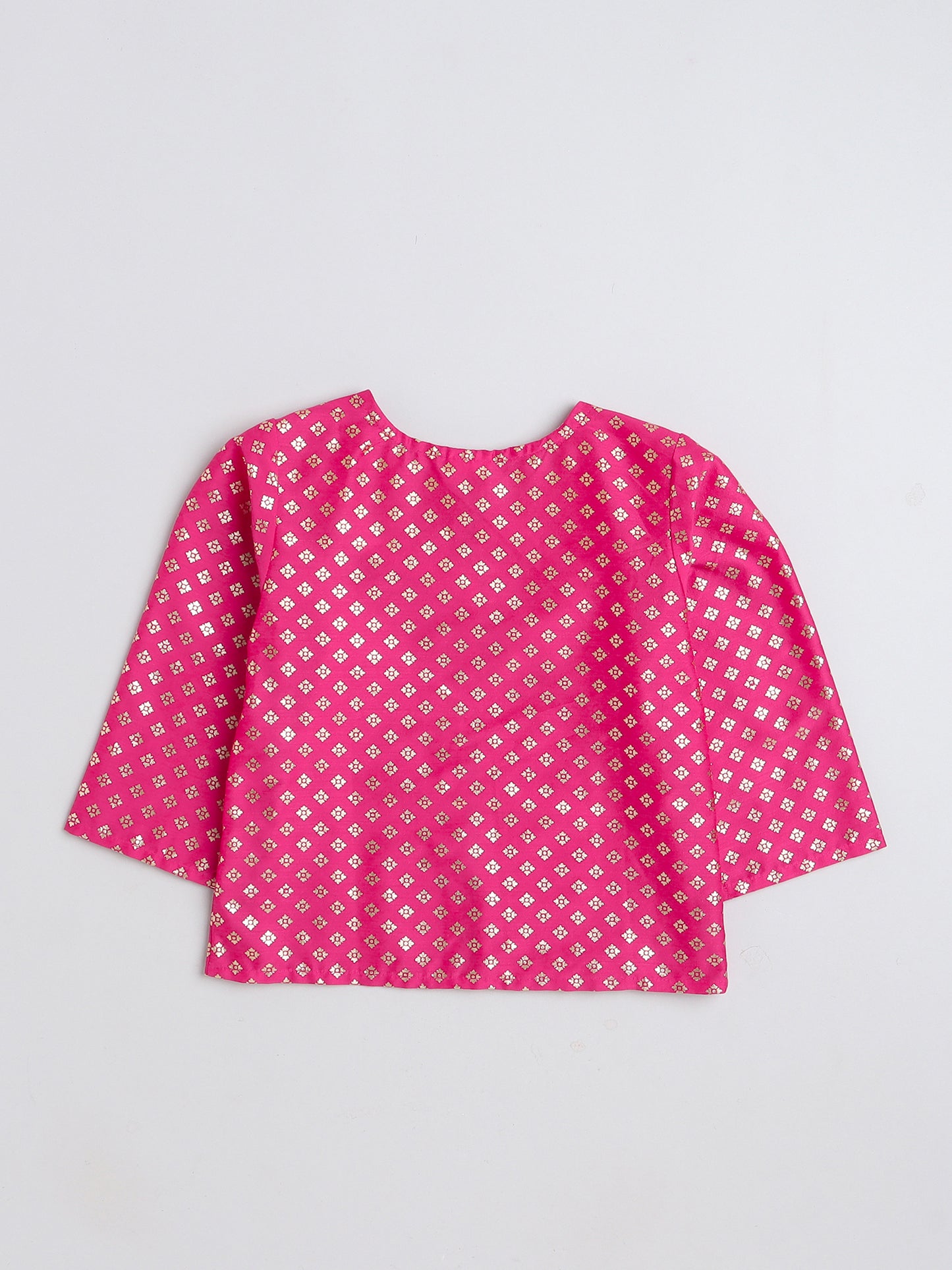 Foil Printed 3/4th sleeves Jacket with Halter Neck Floral Dress Set For Girls-Fuchsia